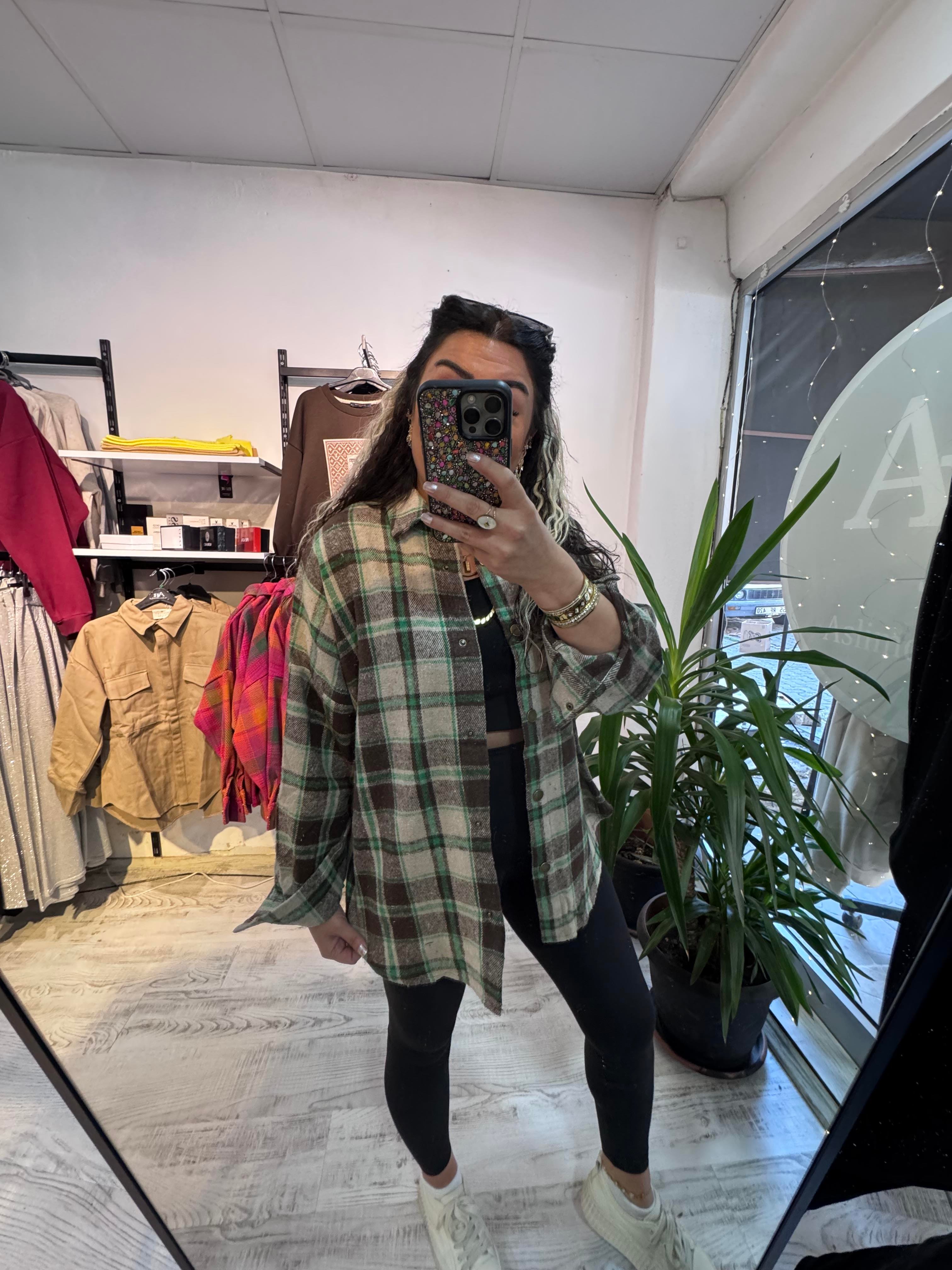 Kahverengi Yeşil Renk Geçişli Ekose Gömlek Ceket