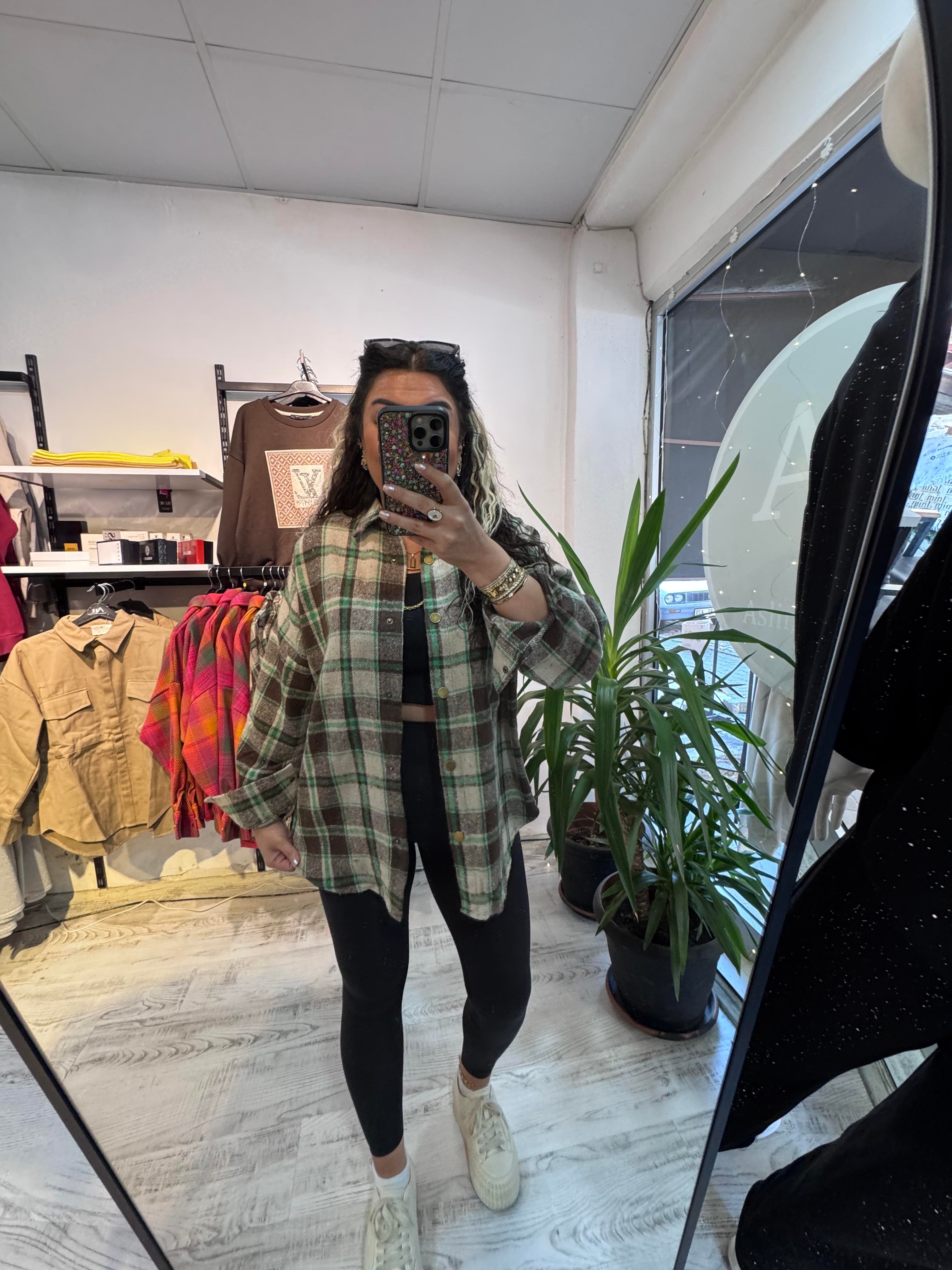 Kahverengi Yeşil Renk Geçişli Ekose Gömlek Ceket