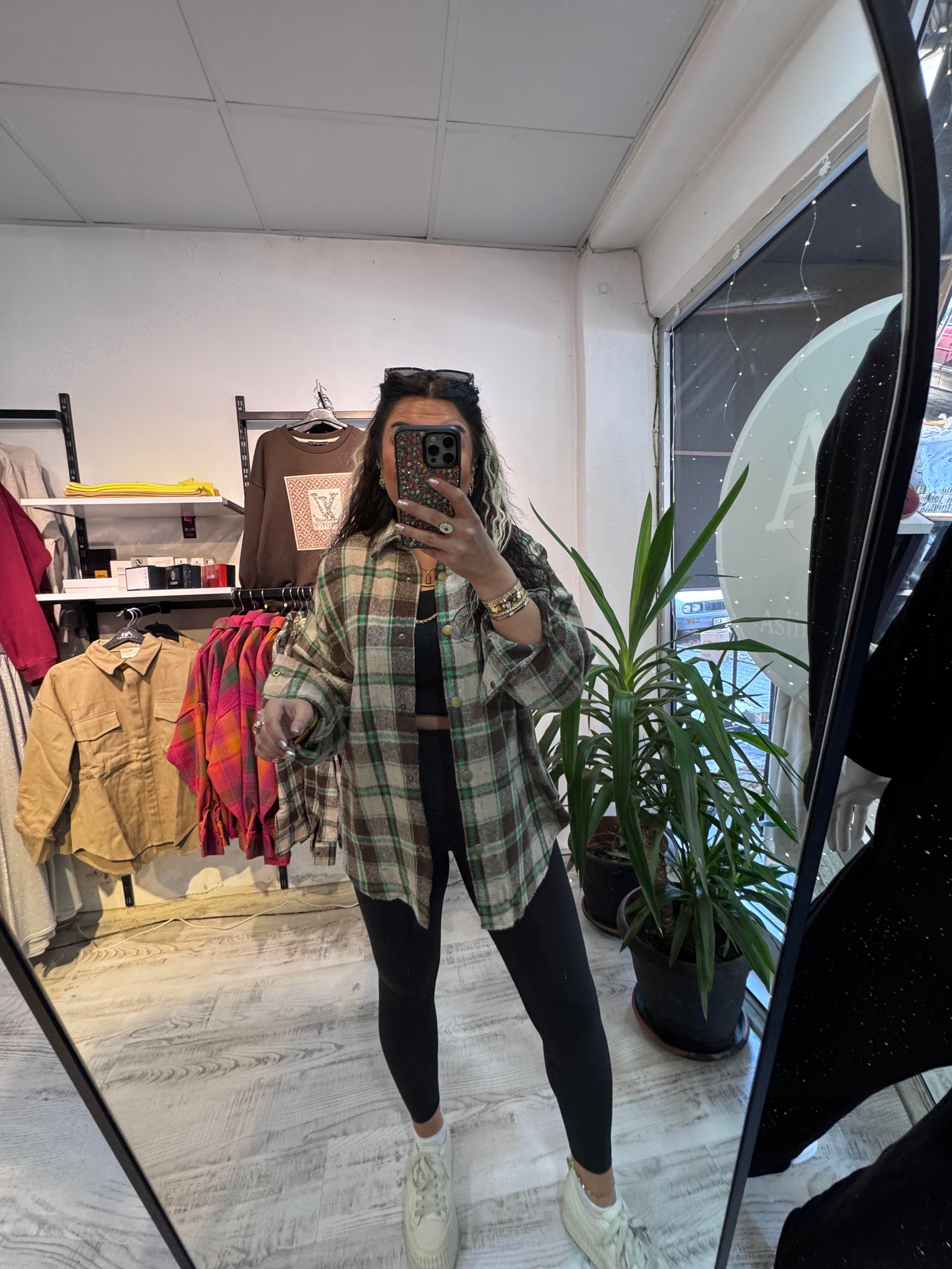 Kahverengi Yeşil Renk Geçişli Ekose Gömlek Ceket