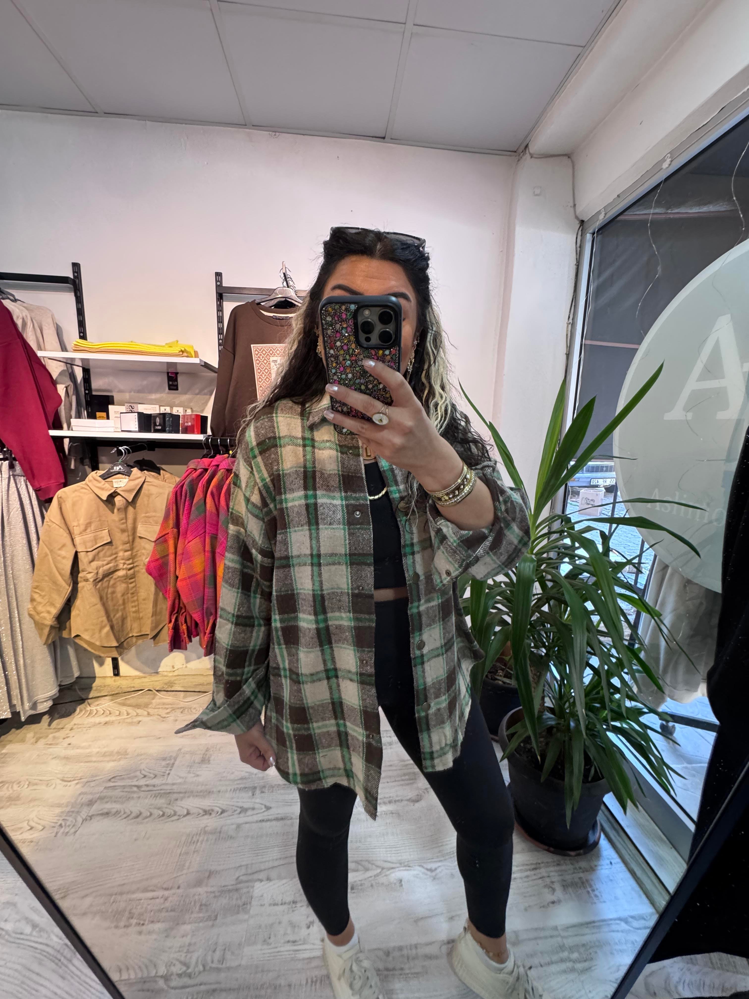 Kahverengi Yeşil Renk Geçişli Ekose Gömlek Ceket