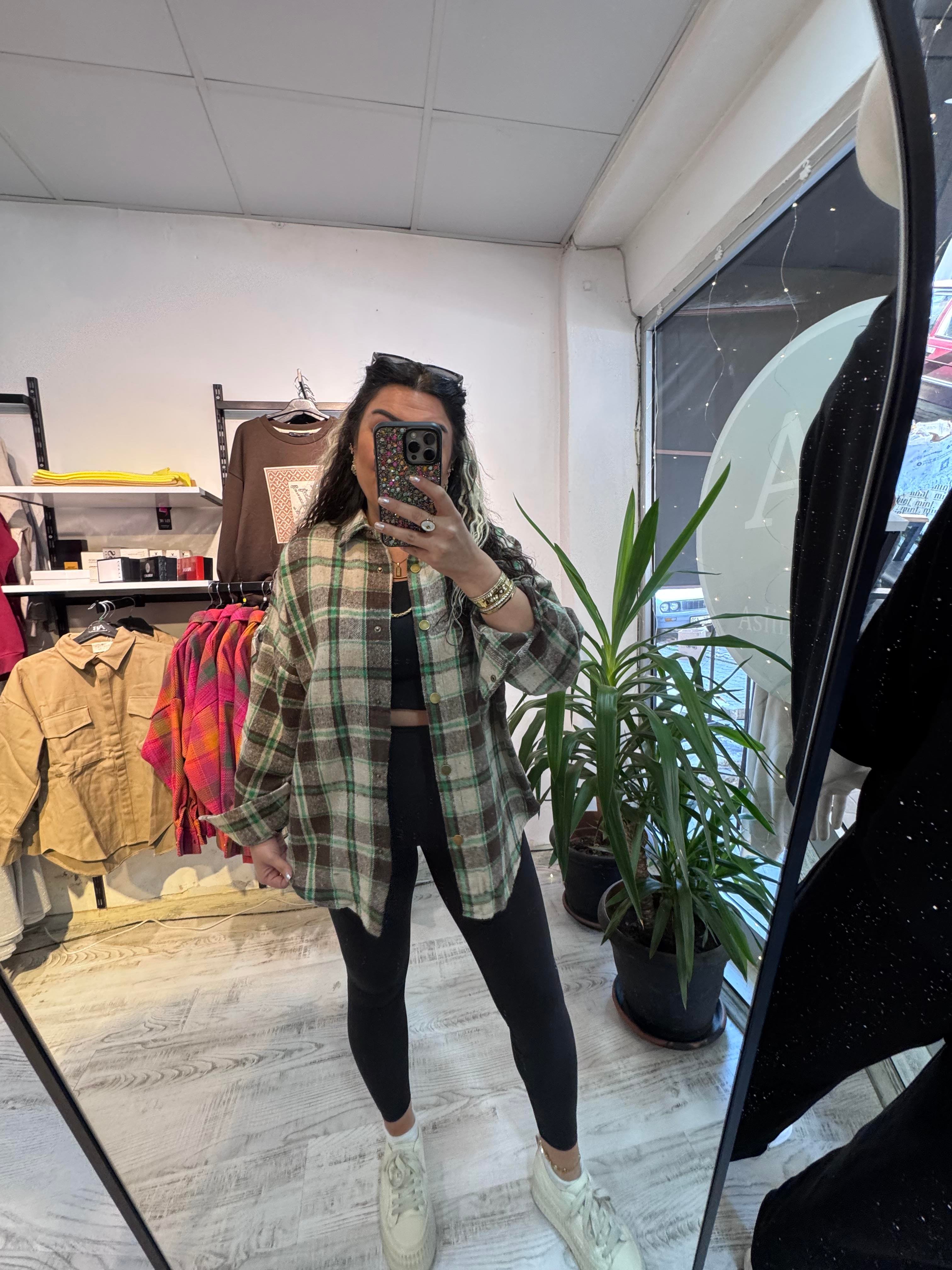 Kahverengi Yeşil Renk Geçişli Ekose Gömlek Ceket