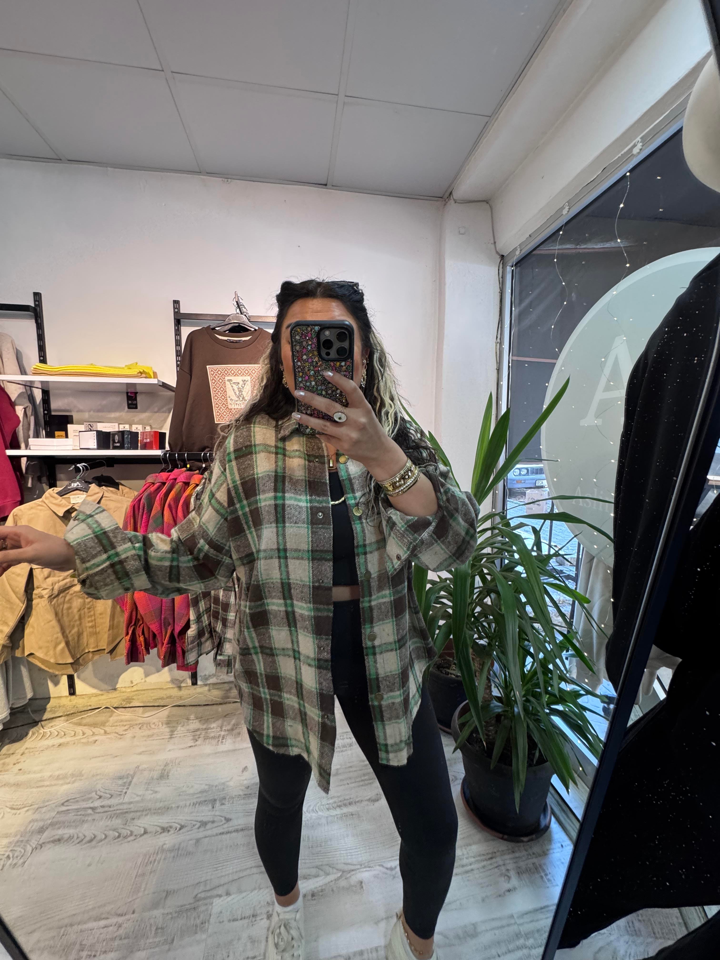 Kahverengi Yeşil Renk Geçişli Ekose Gömlek Ceket