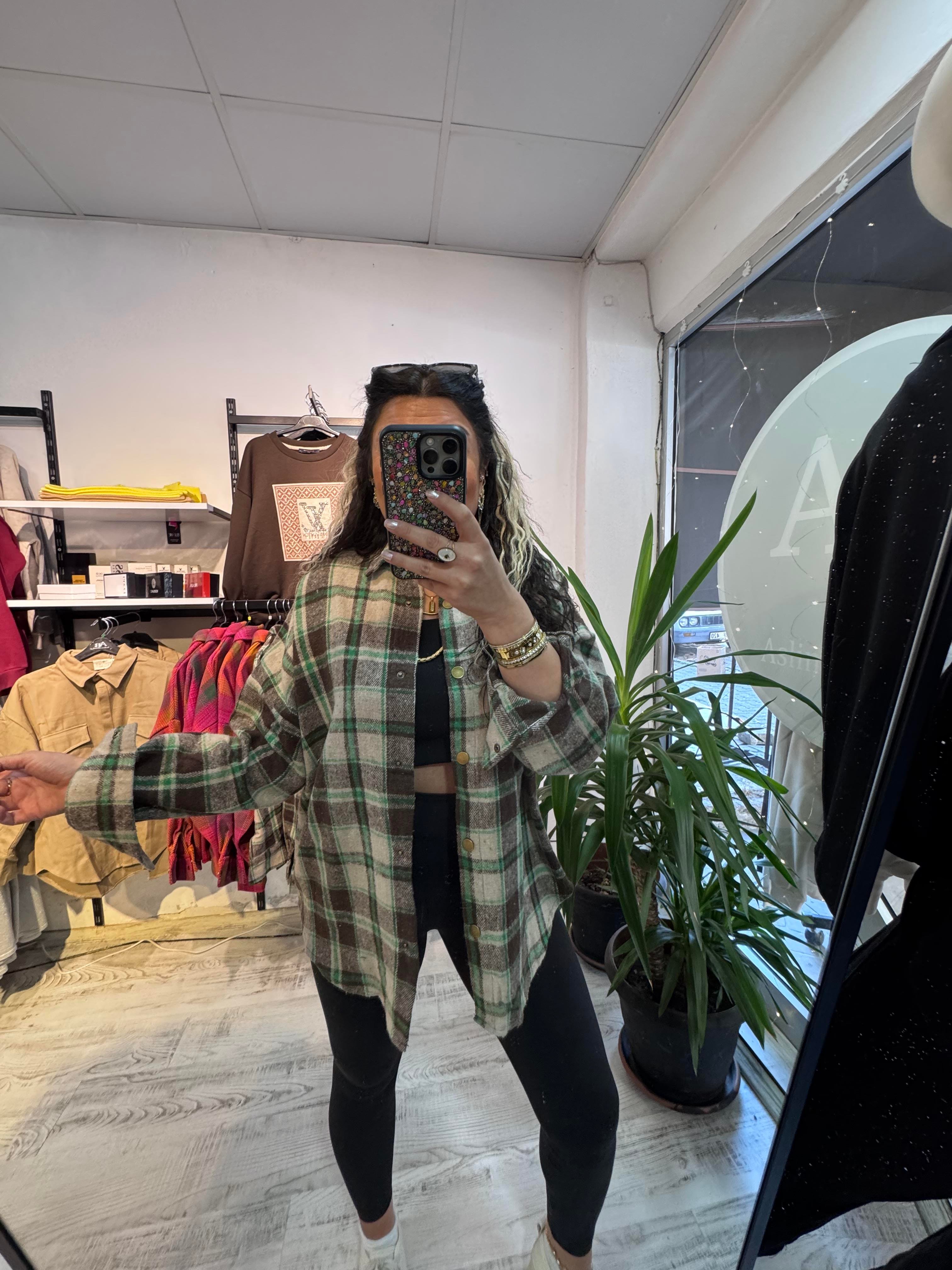 Kahverengi Yeşil Renk Geçişli Ekose Gömlek Ceket