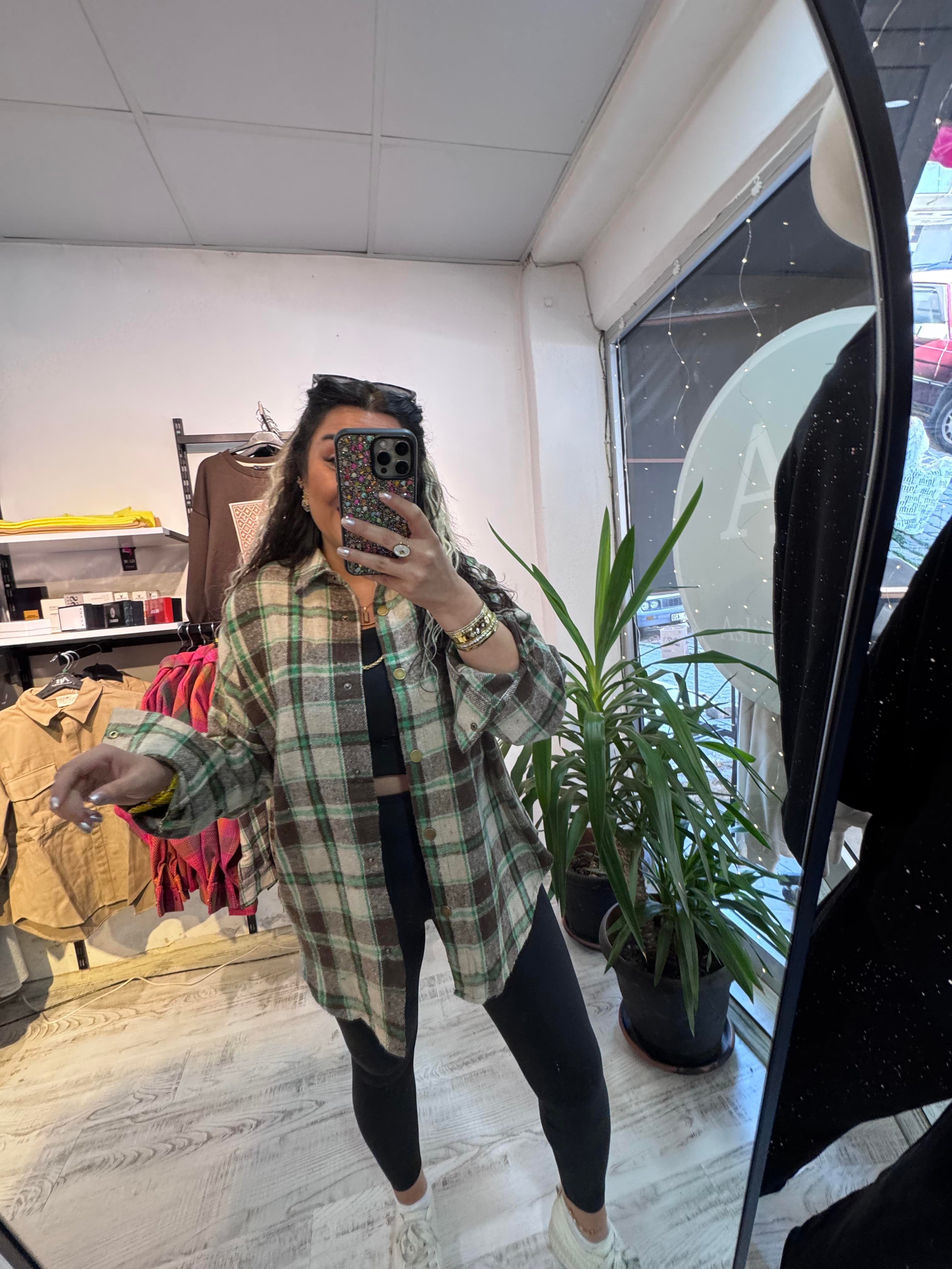 Kahverengi Yeşil Renk Geçişli Ekose Gömlek Ceket