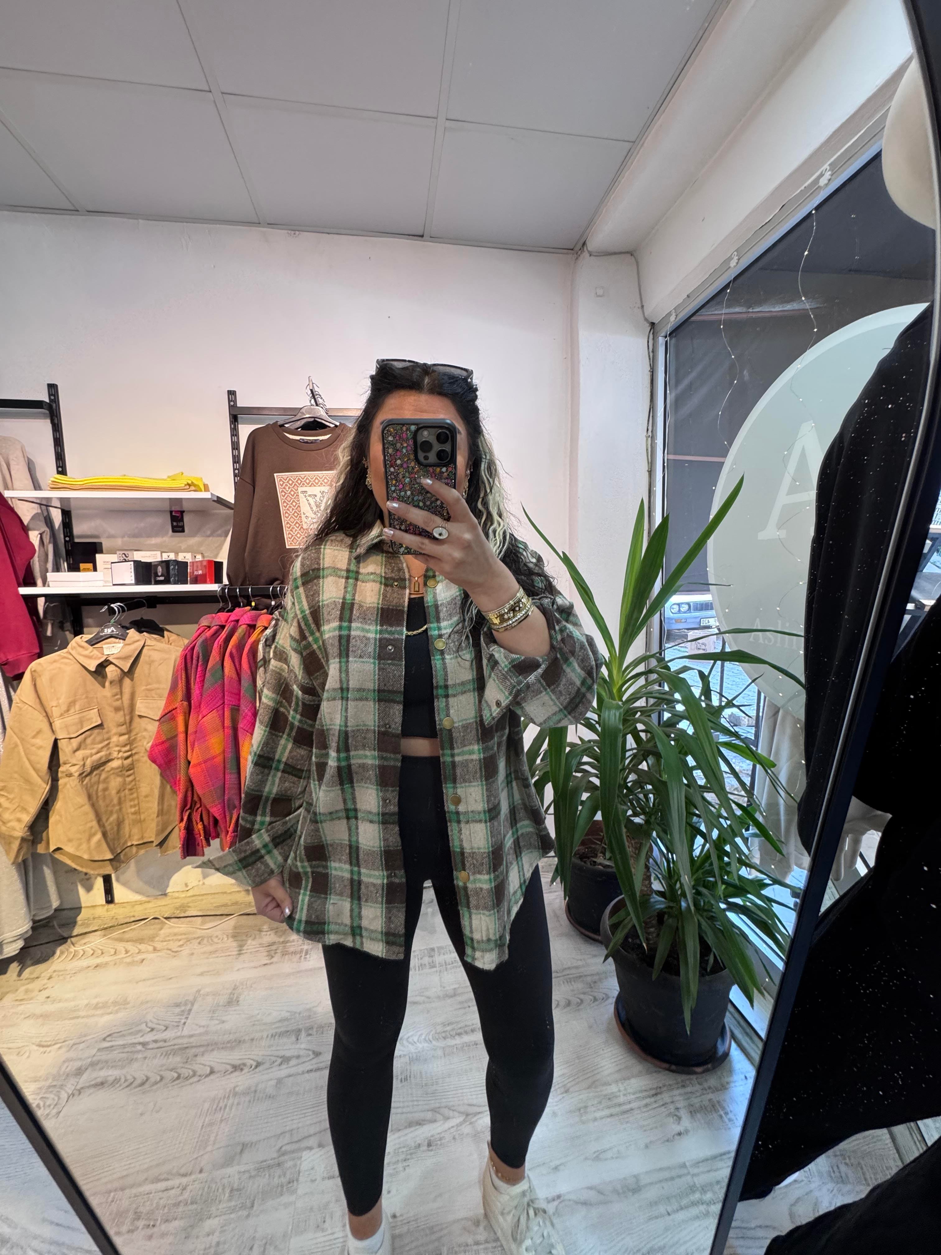 Kahverengi Yeşil Renk Geçişli Ekose Gömlek Ceket