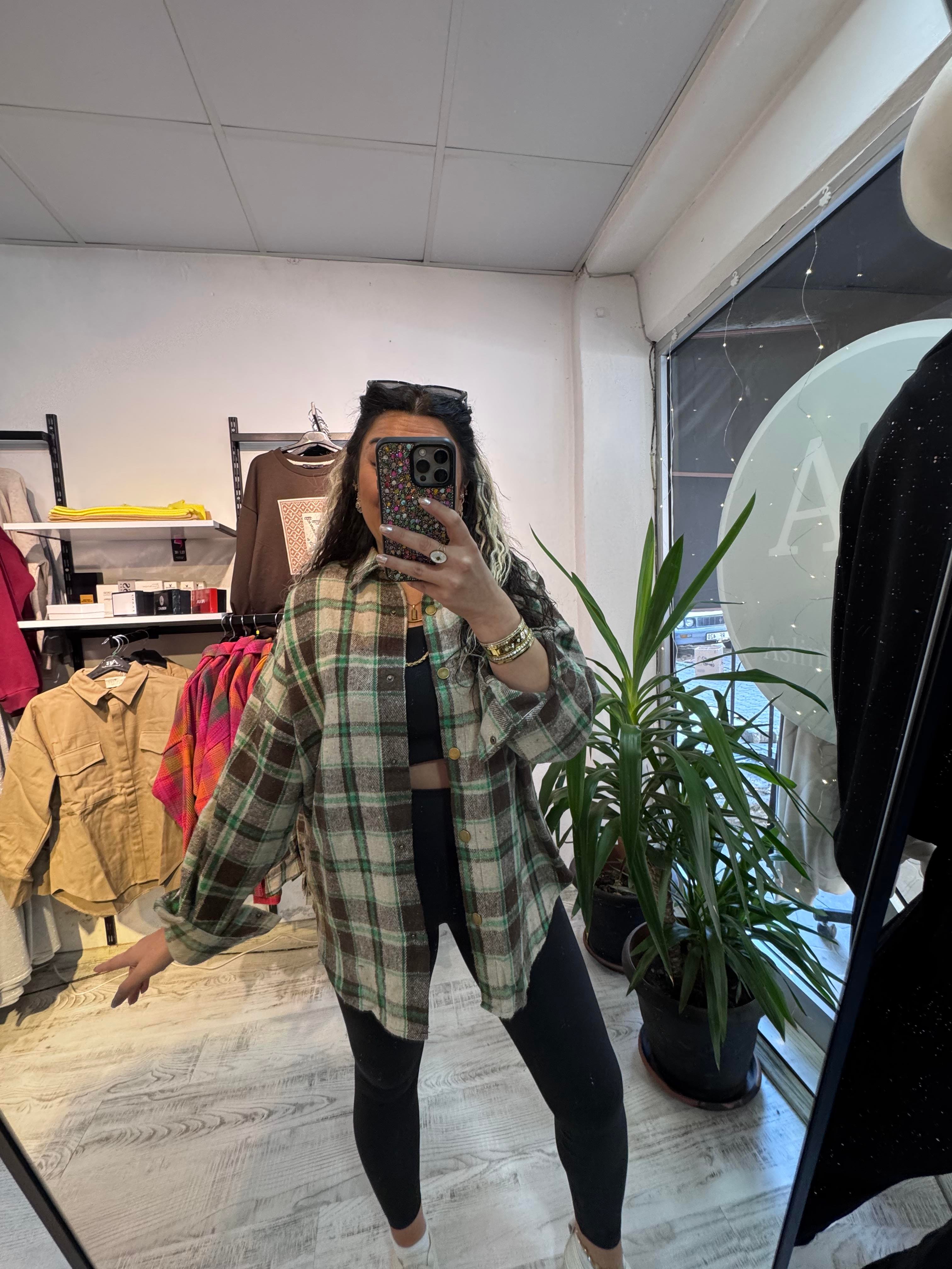 Kahverengi Yeşil Renk Geçişli Ekose Gömlek Ceket