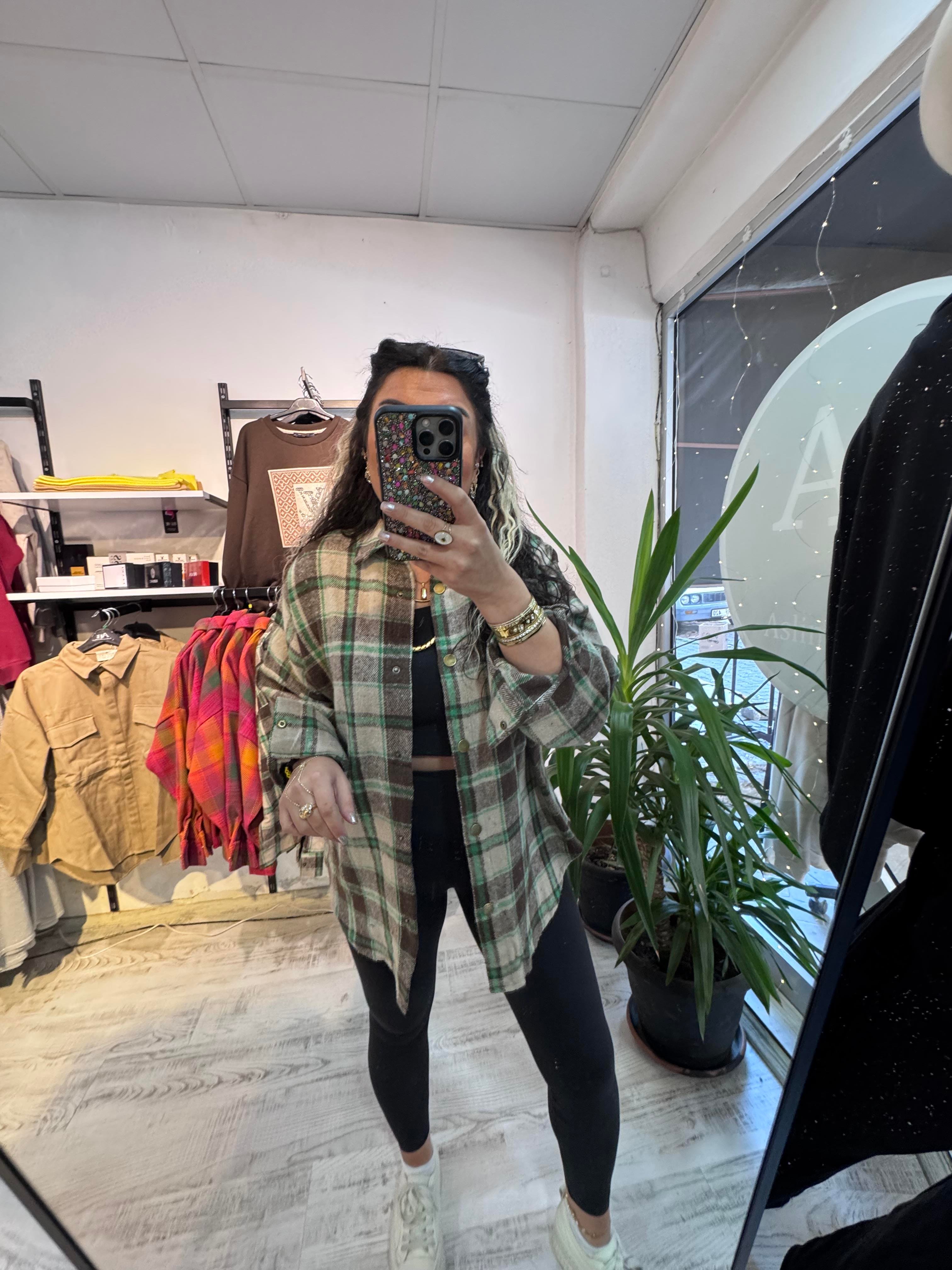 Kahverengi Yeşil Renk Geçişli Ekose Gömlek Ceket