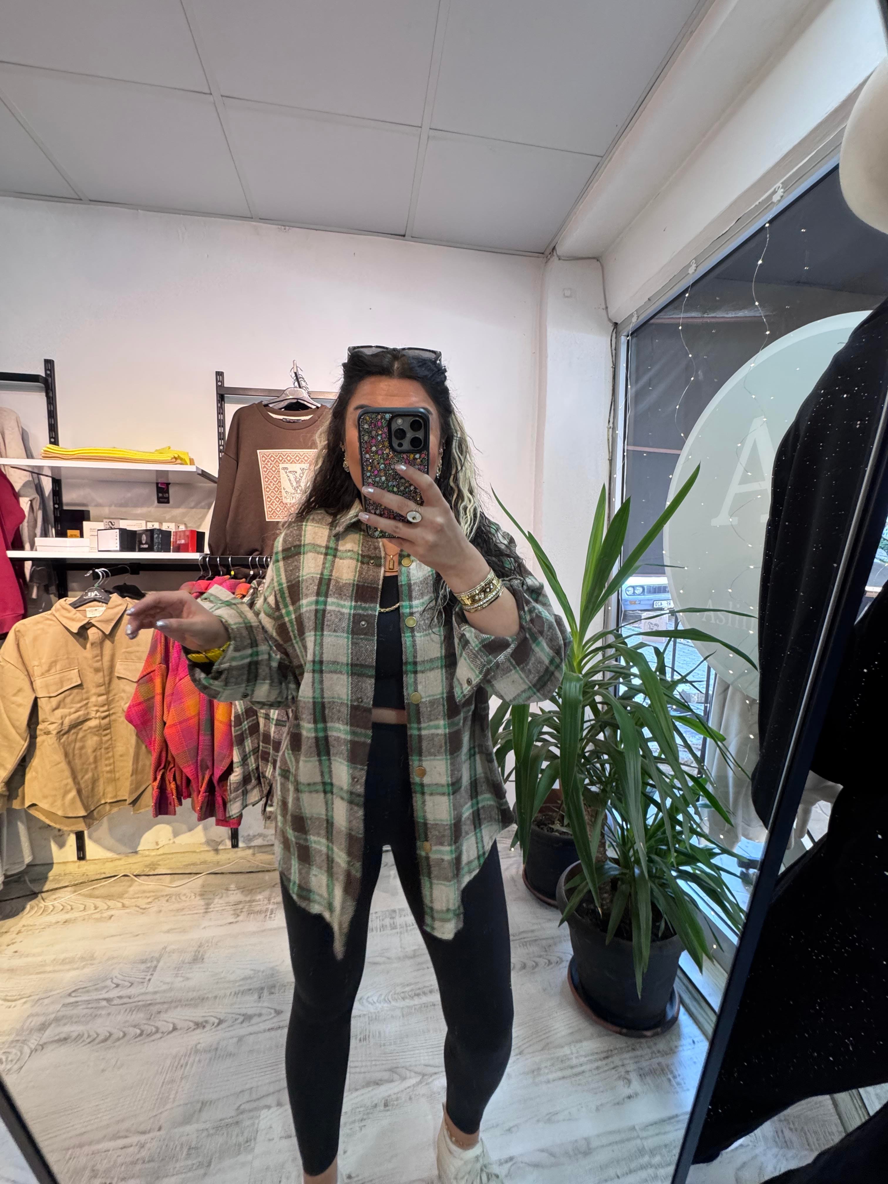 Kahverengi Yeşil Renk Geçişli Ekose Gömlek Ceket