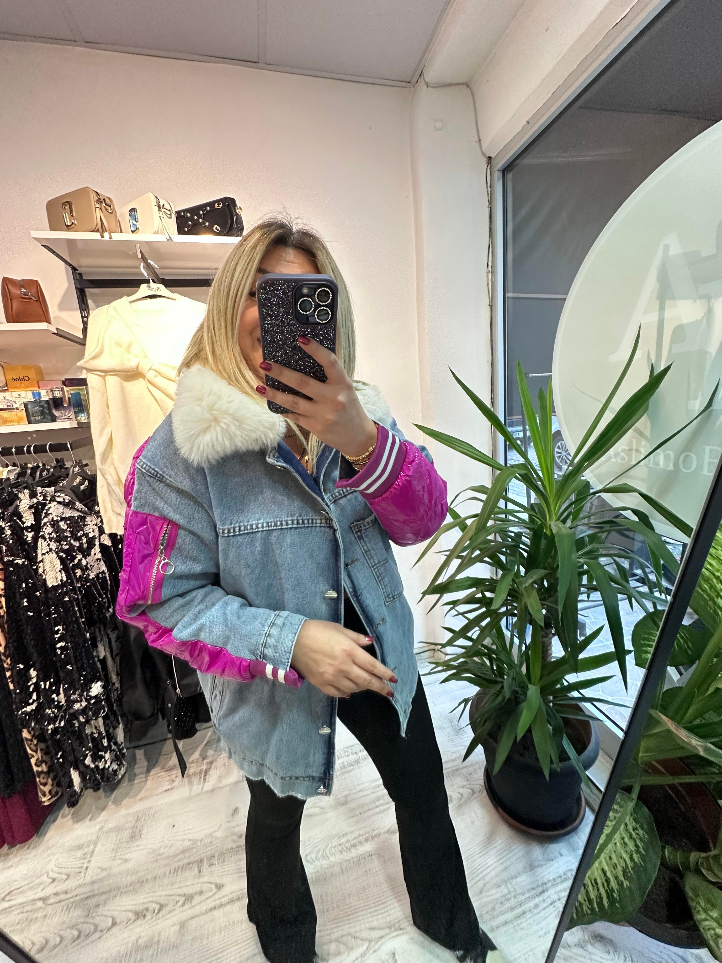 Kapitone Detaylı Yaka Kürklü Jean Mont