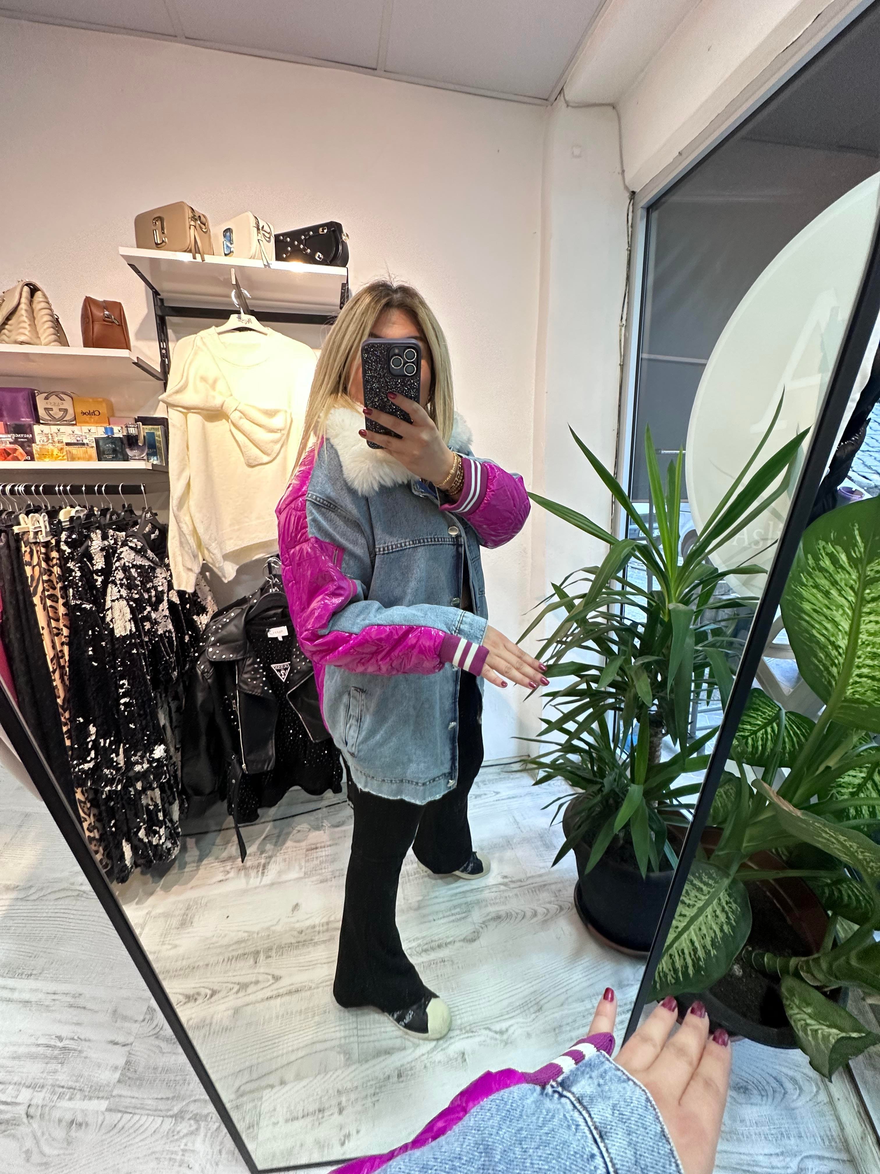 Kapitone Detaylı Yaka Kürklü Jean Mont