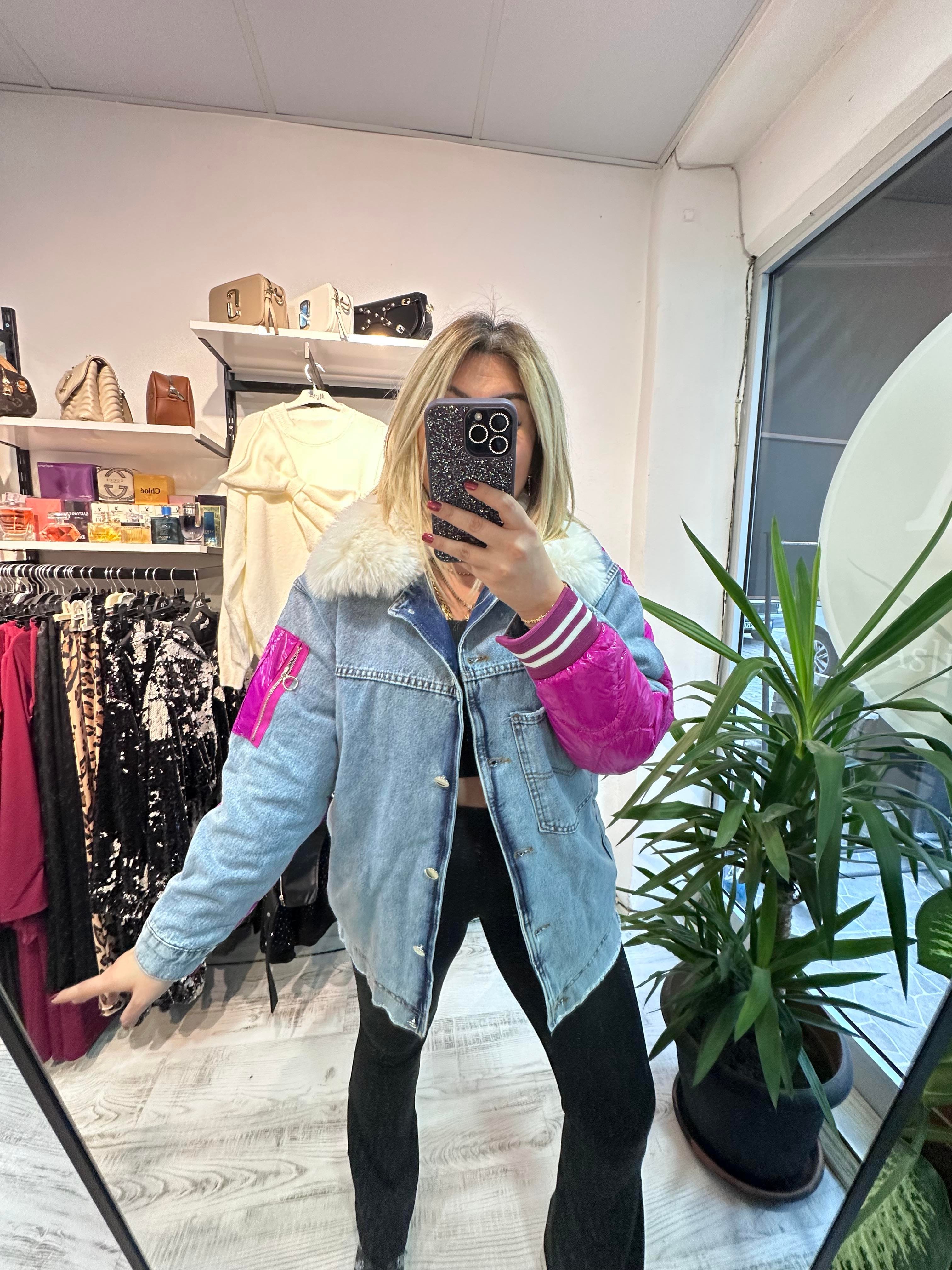 Kapitone Detaylı Yaka Kürklü Jean Mont