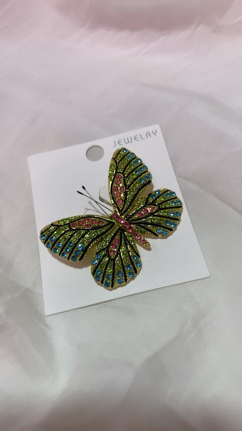 Kelebek Yeşil Taşlı Çelik Broş