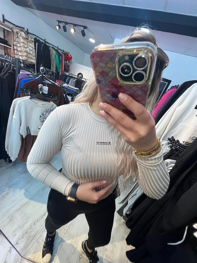 Kendinden Çizgili Tam Kalıp Bej Bluz