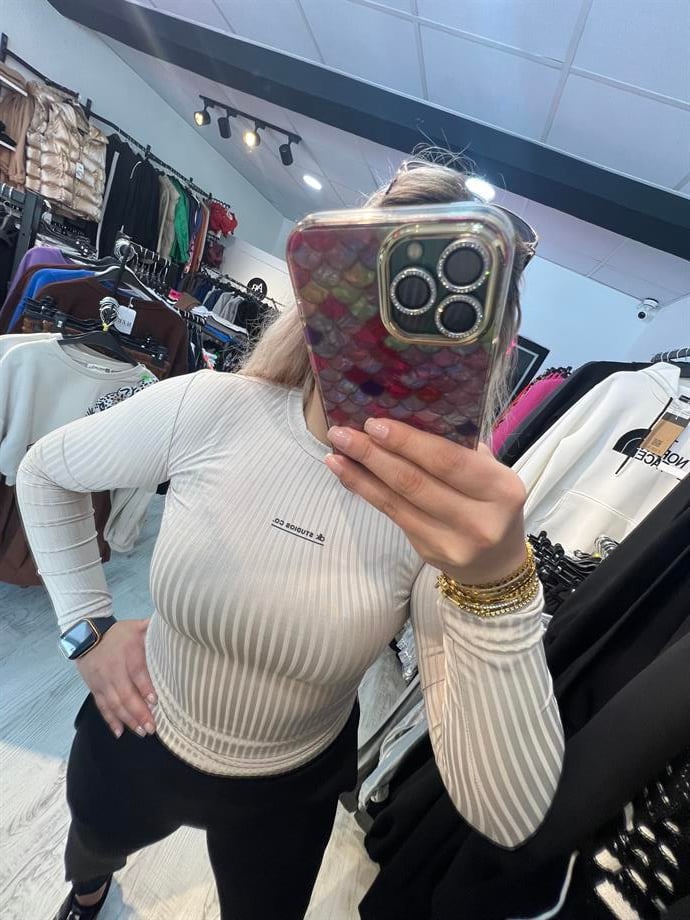 Kendinden Çizgili Tam Kalıp Bej Bluz