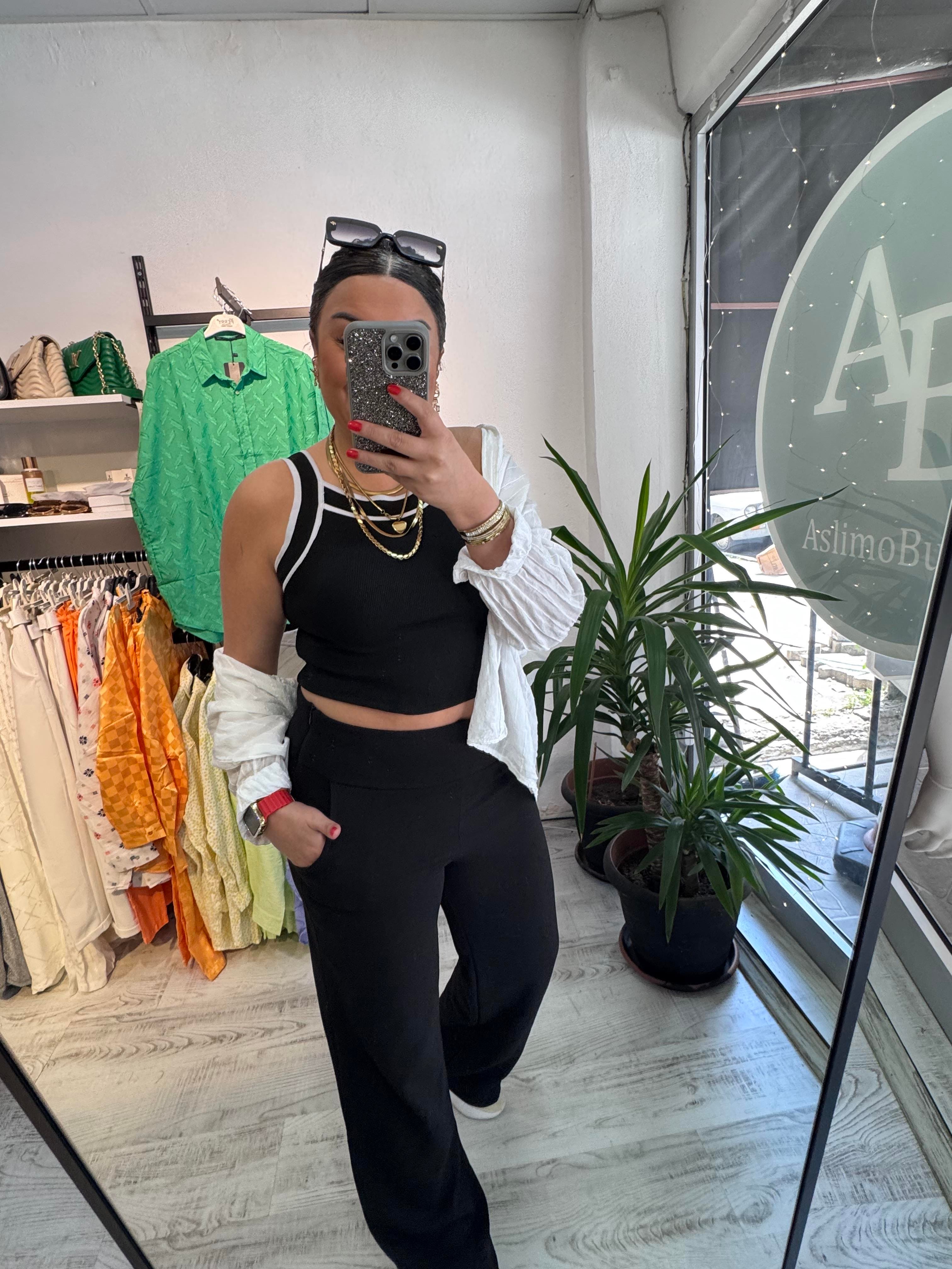 Korsaj Bel Siyah Palazzo Pantolon