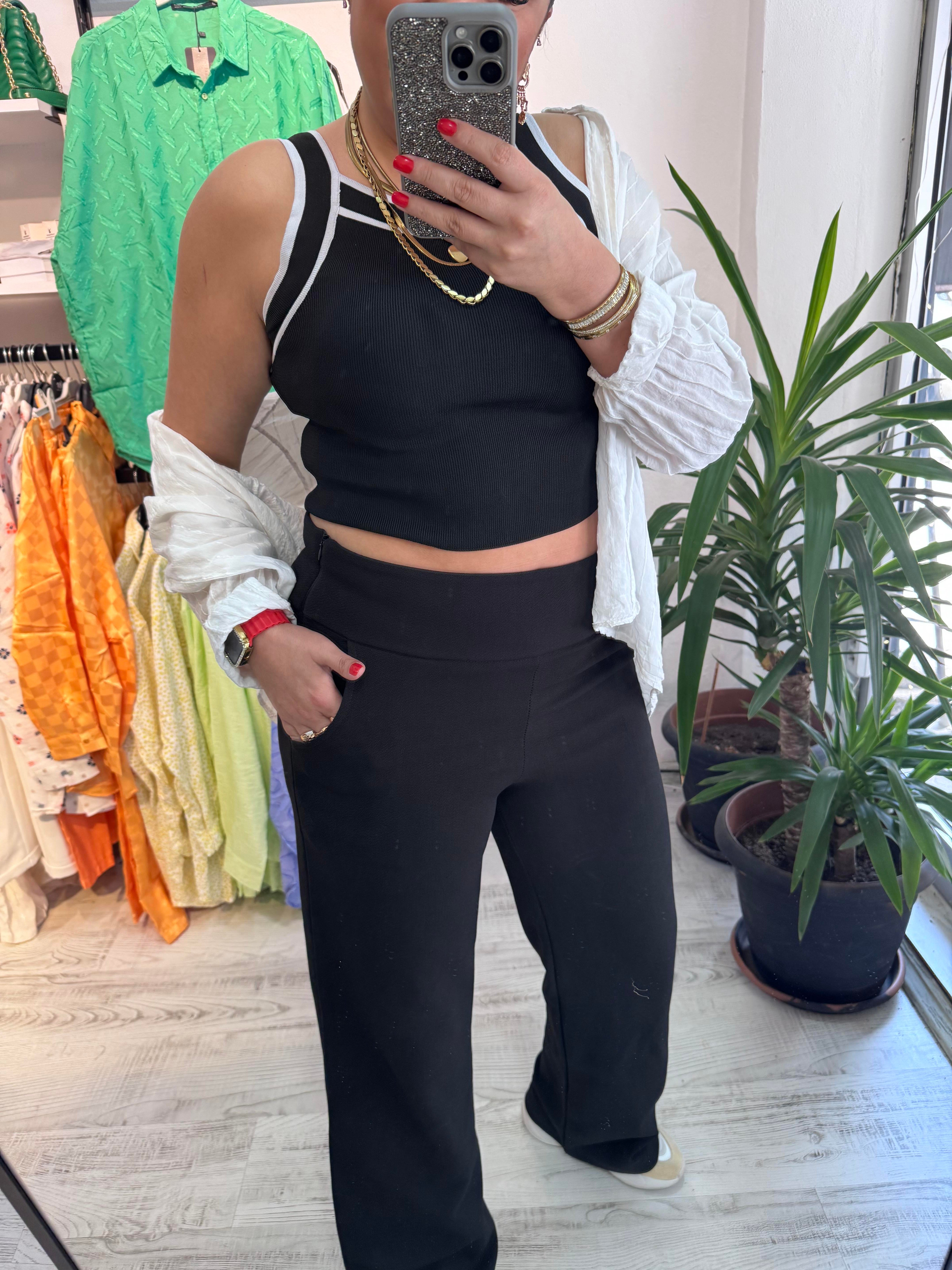 Korsaj Bel Siyah Palazzo Pantolon