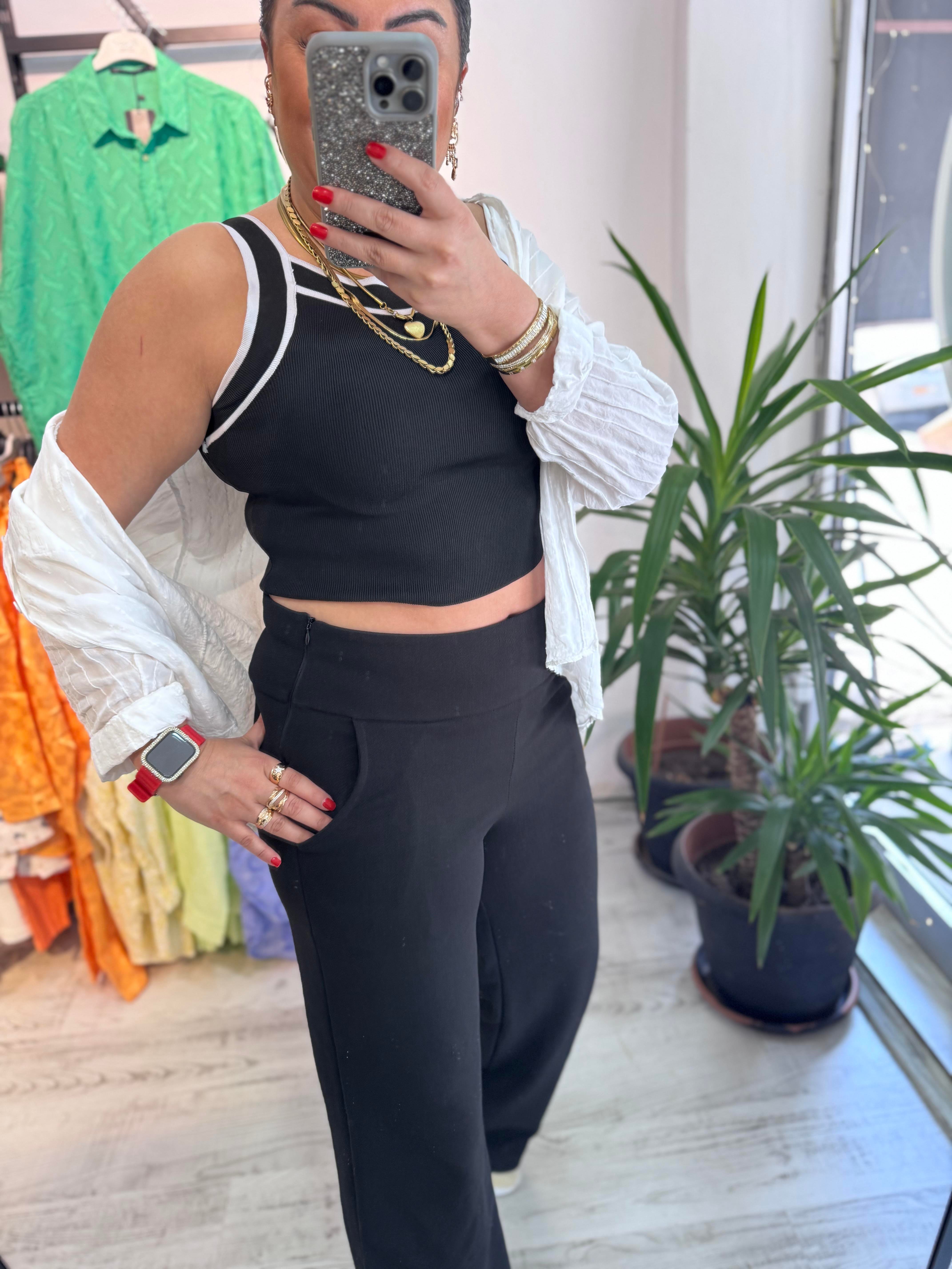 Korsaj Bel Siyah Palazzo Pantolon