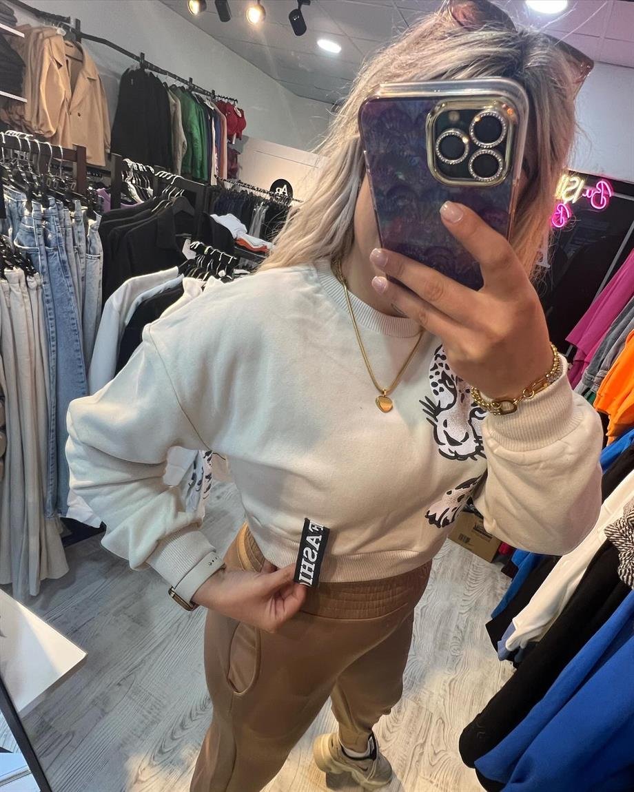 Leopar Baskılı Crop Sweatshirt
