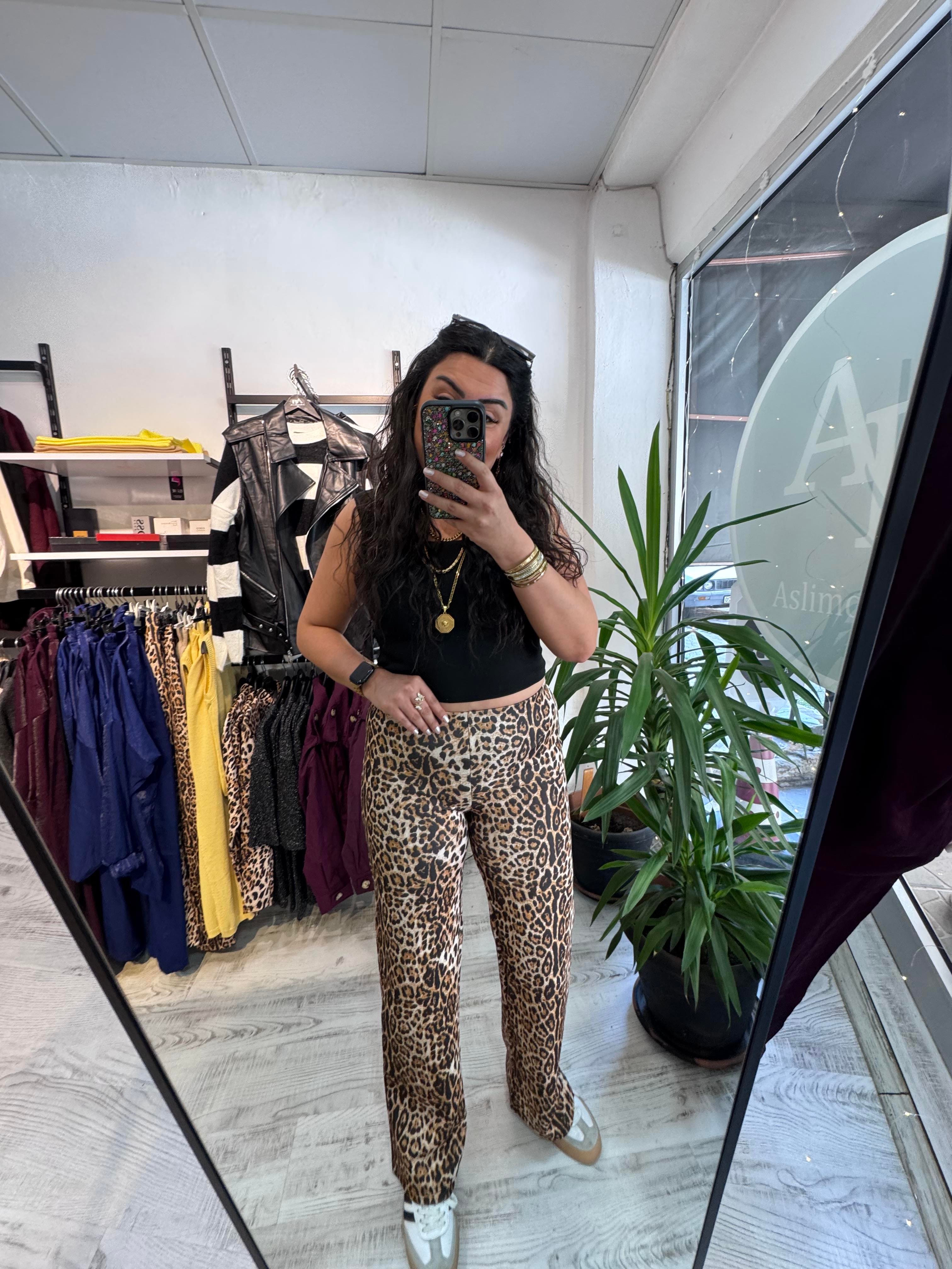 Leopar Scuba Kumaş Palazzo Pantolon