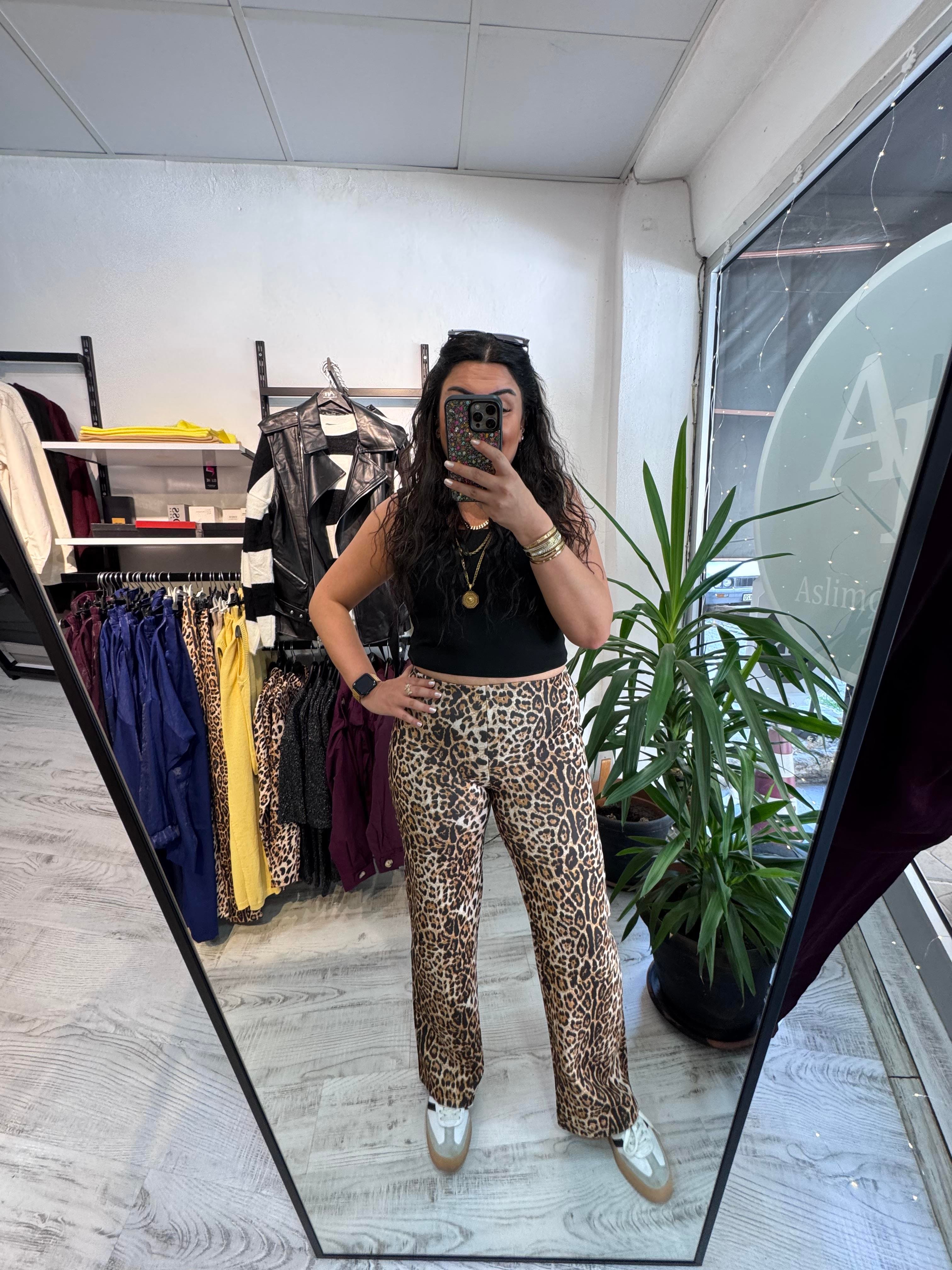 Leopar Scuba Kumaş Palazzo Pantolon