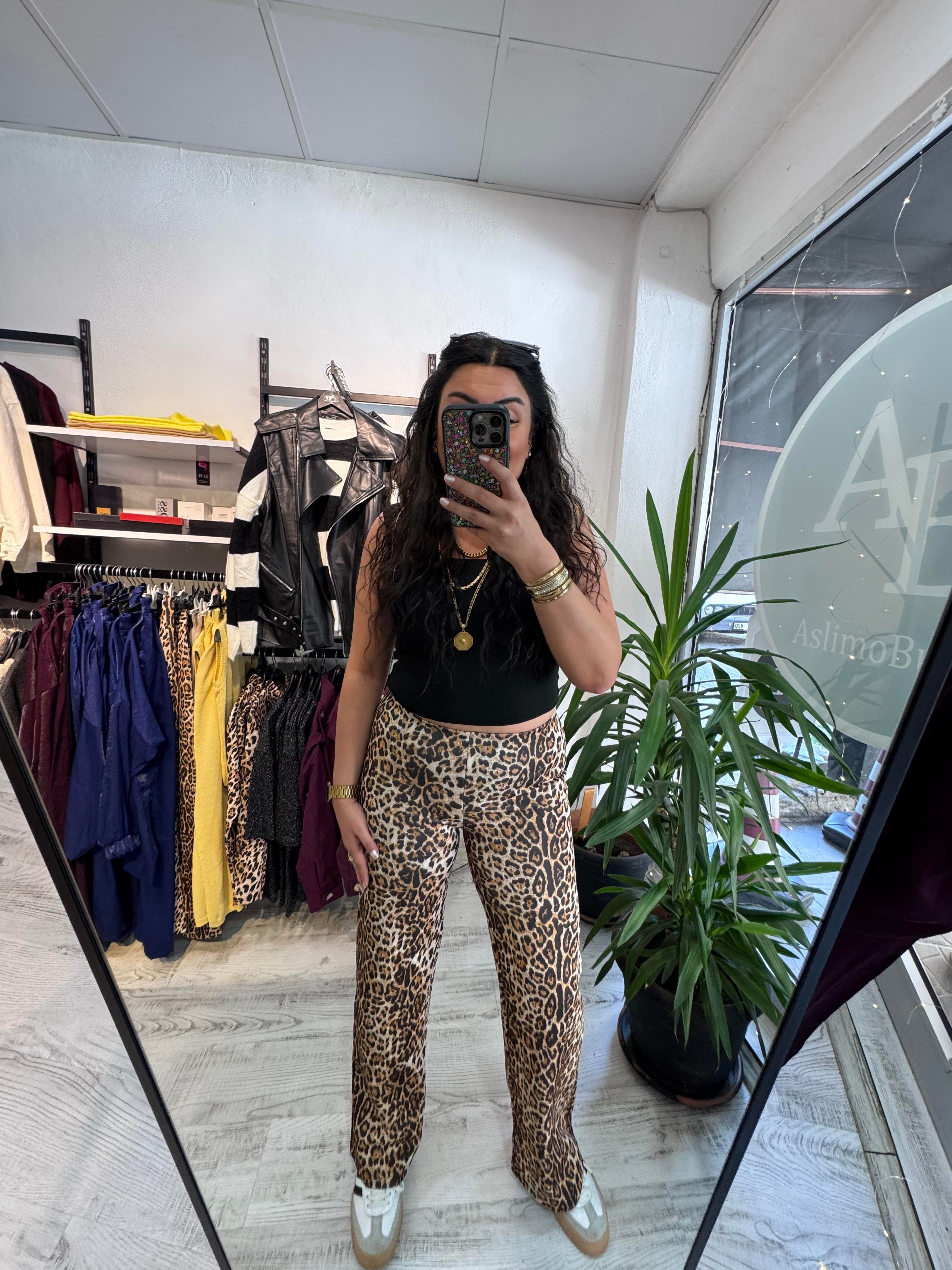 Leopar Scuba Kumaş Palazzo Pantolon