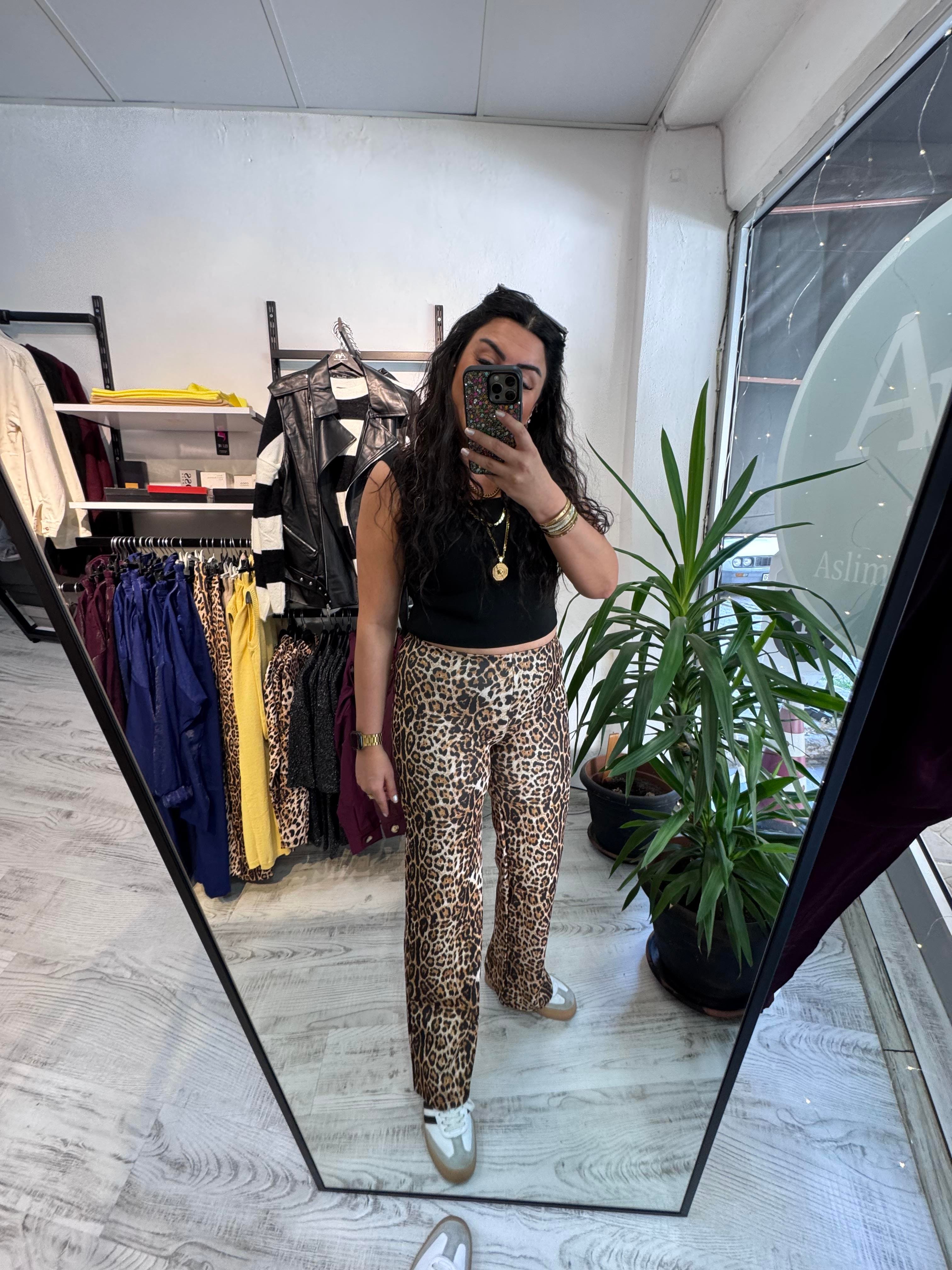 Leopar Scuba Kumaş Palazzo Pantolon