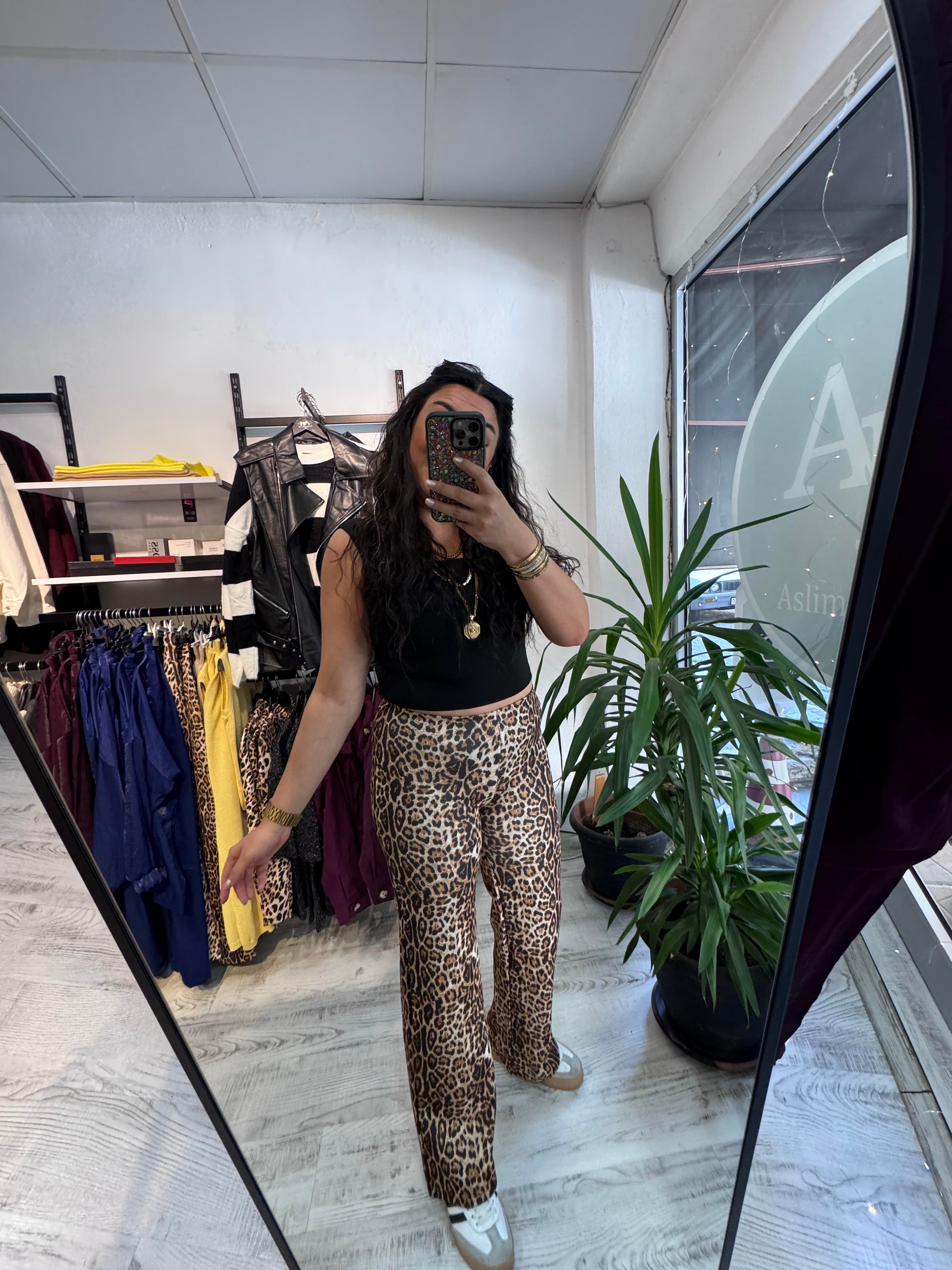 Leopar Scuba Kumaş Palazzo Pantolon