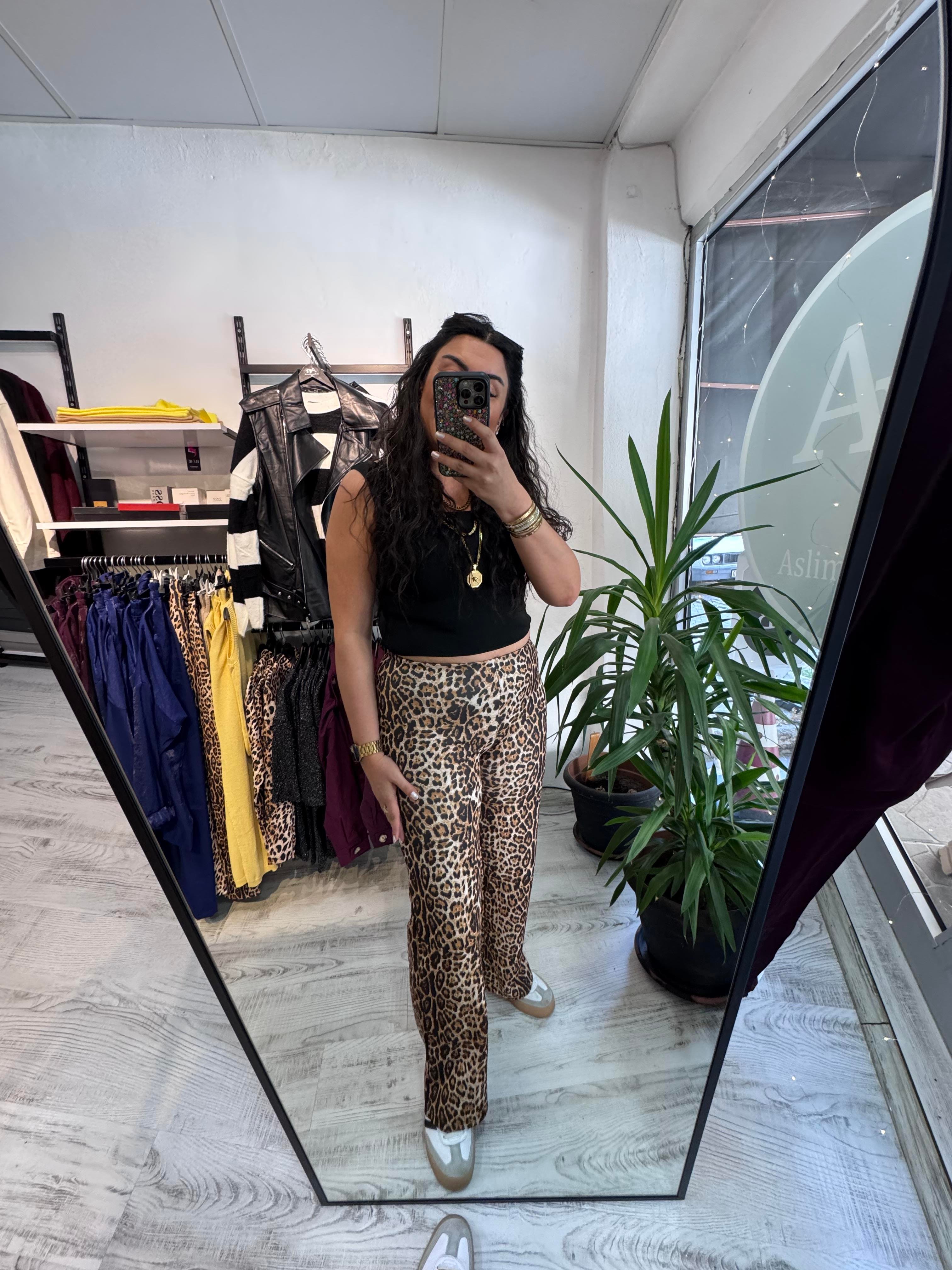 Leopar Scuba Kumaş Palazzo Pantolon