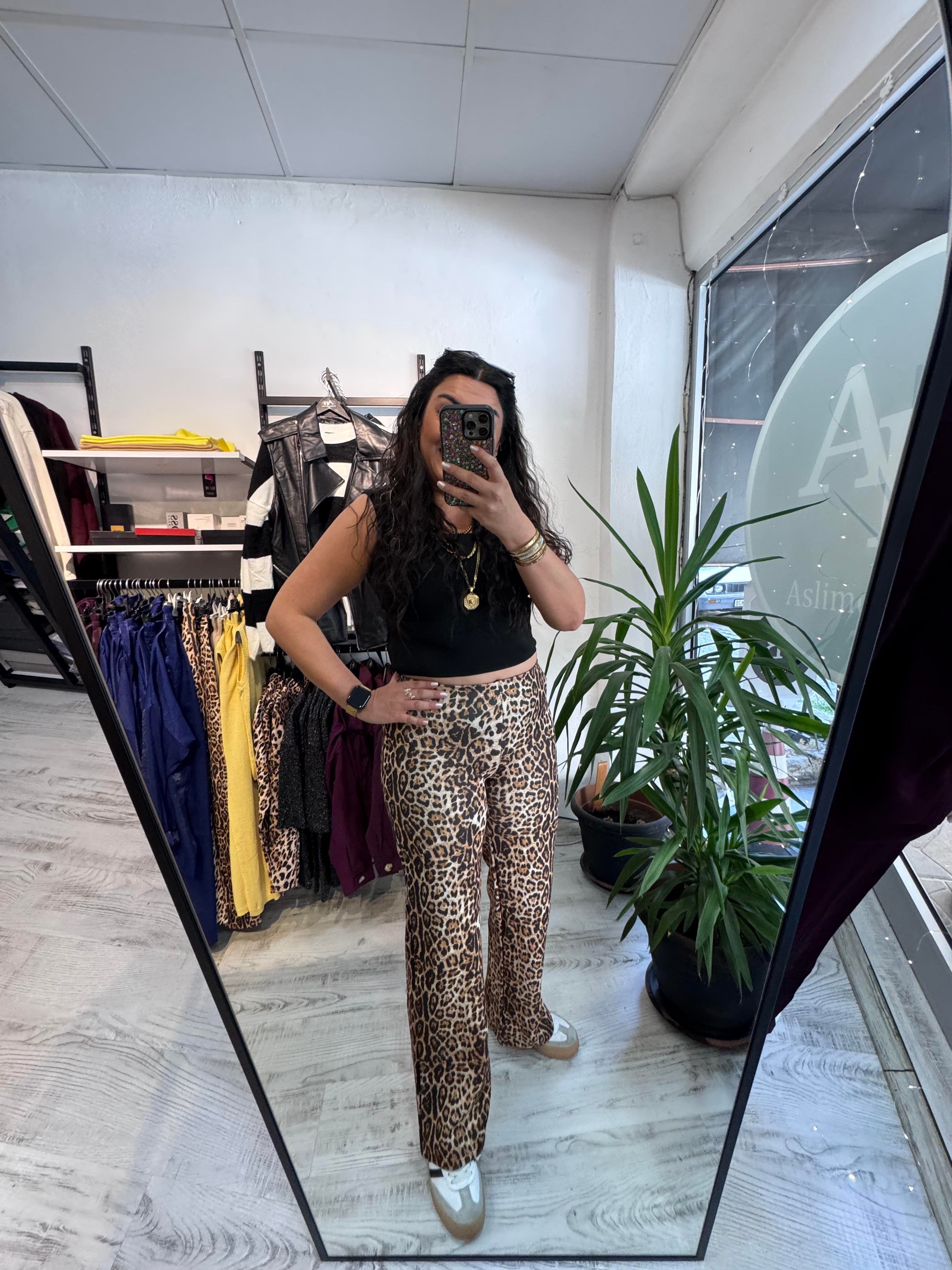 Leopar Scuba Kumaş Palazzo Pantolon