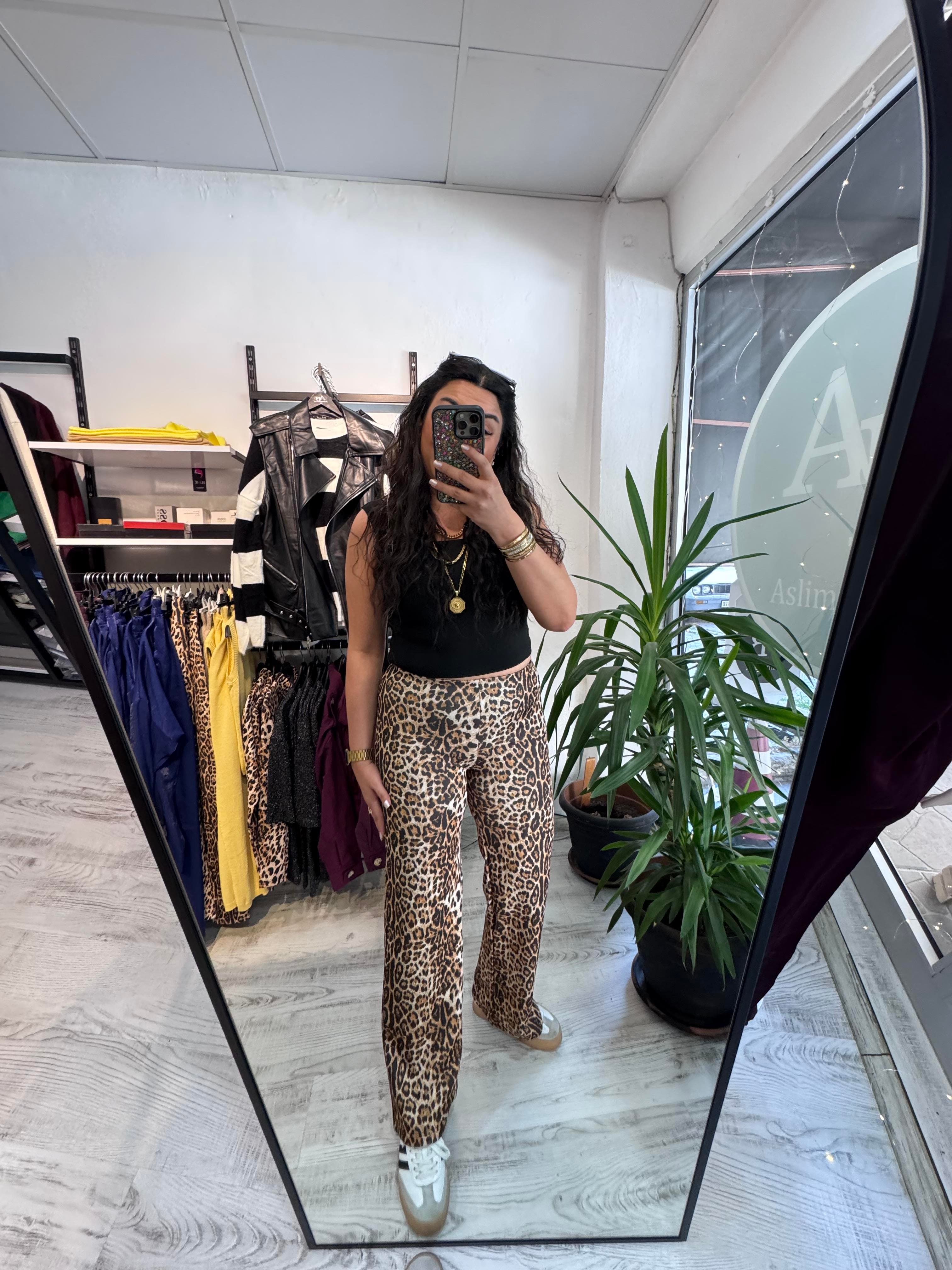 Leopar Scuba Kumaş Palazzo Pantolon