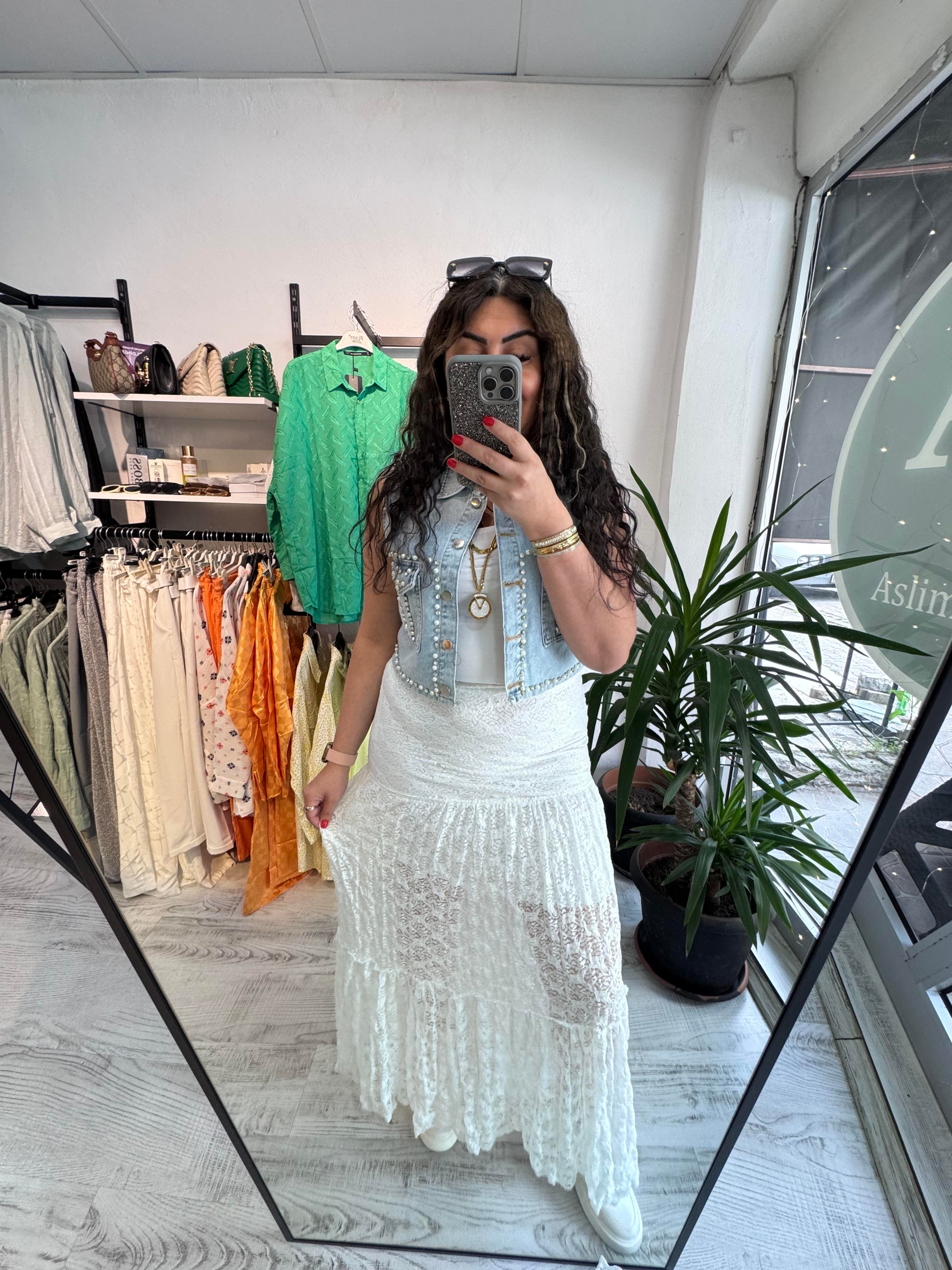 Likralı Astarlı Maxi Boy Dantel Beyaz Etek