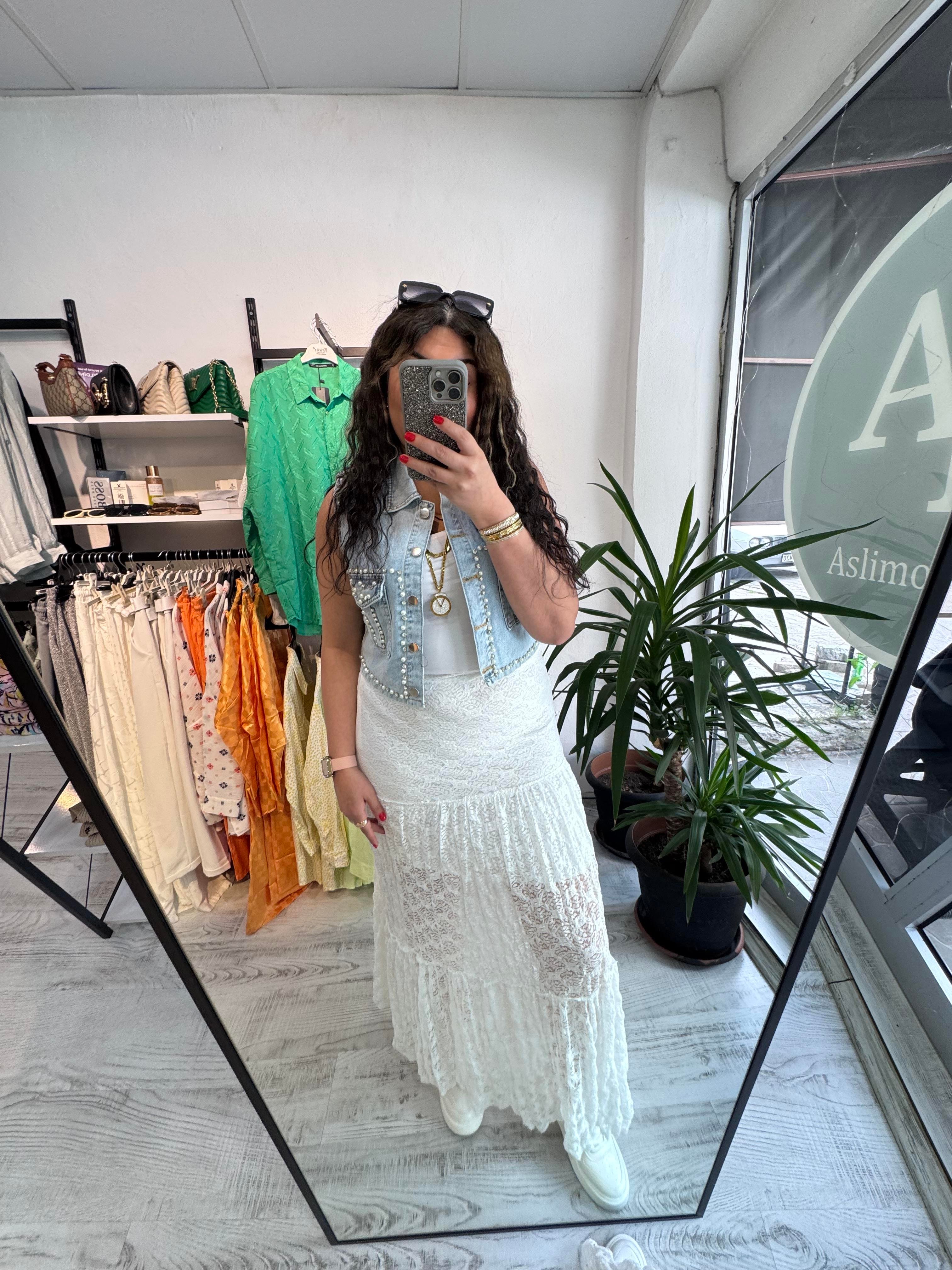 Likralı Astarlı Maxi Boy Dantel Beyaz Etek