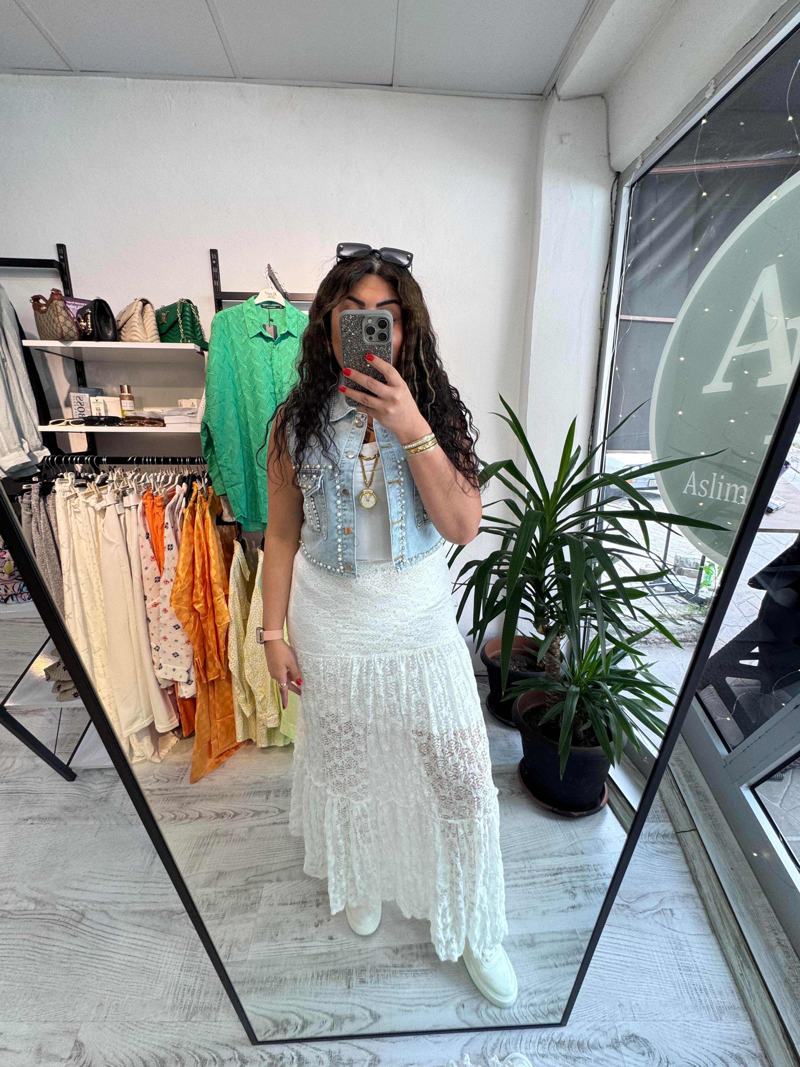 Likralı Astarlı Maxi Boy Dantel Beyaz Etek