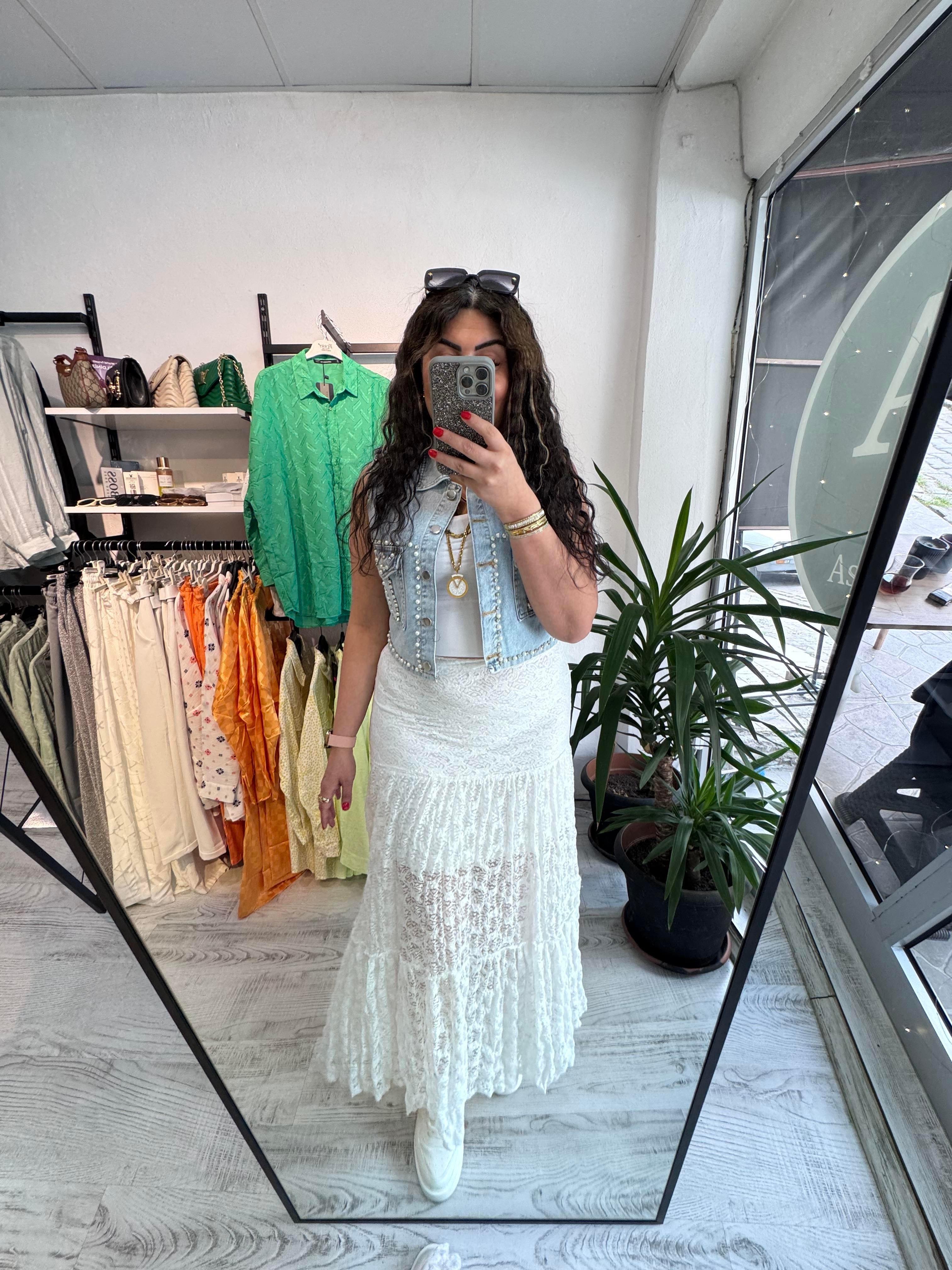 Likralı Astarlı Maxi Boy Dantel Beyaz Etek