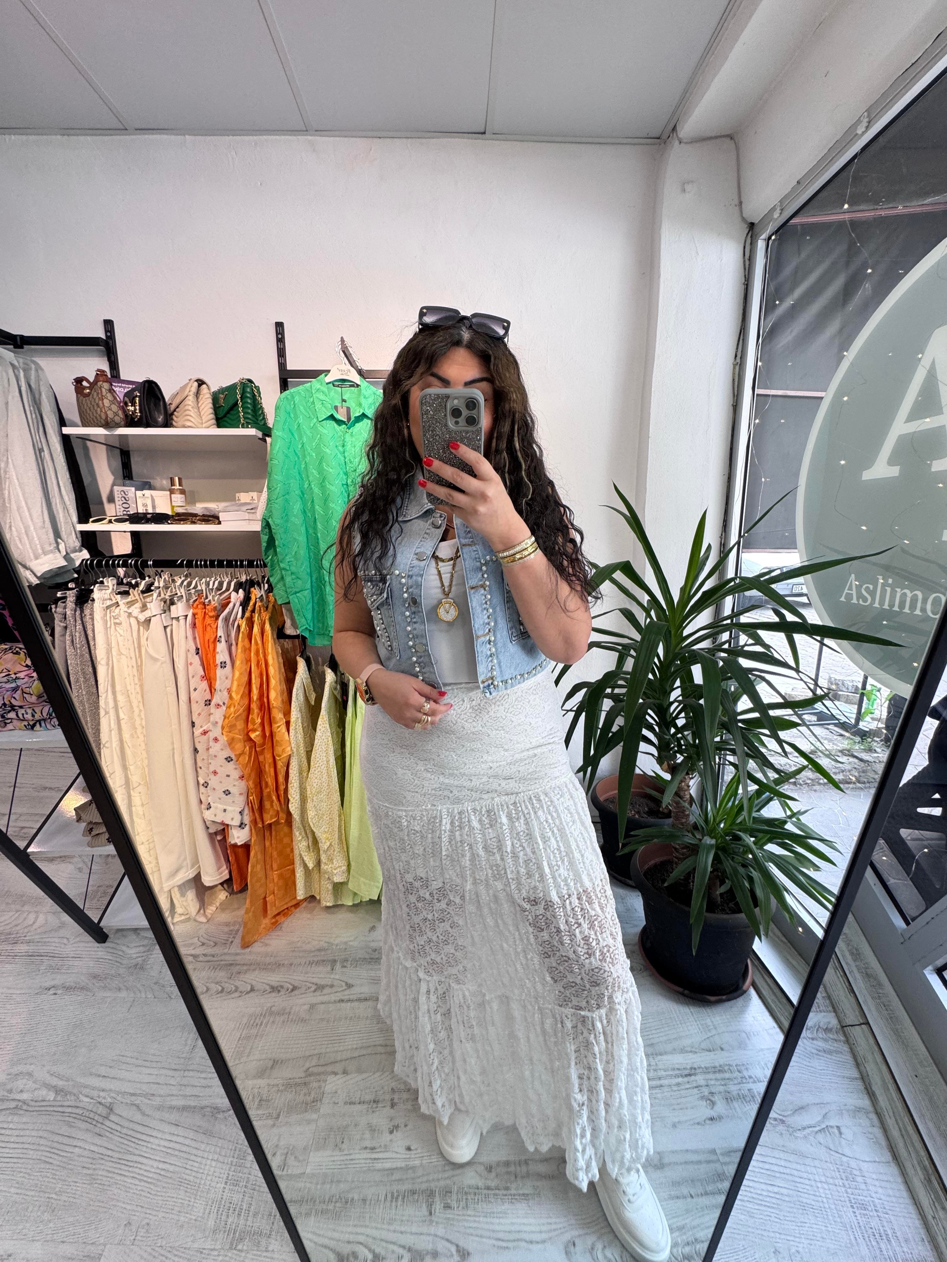 Likralı Astarlı Maxi Boy Dantel Beyaz Etek