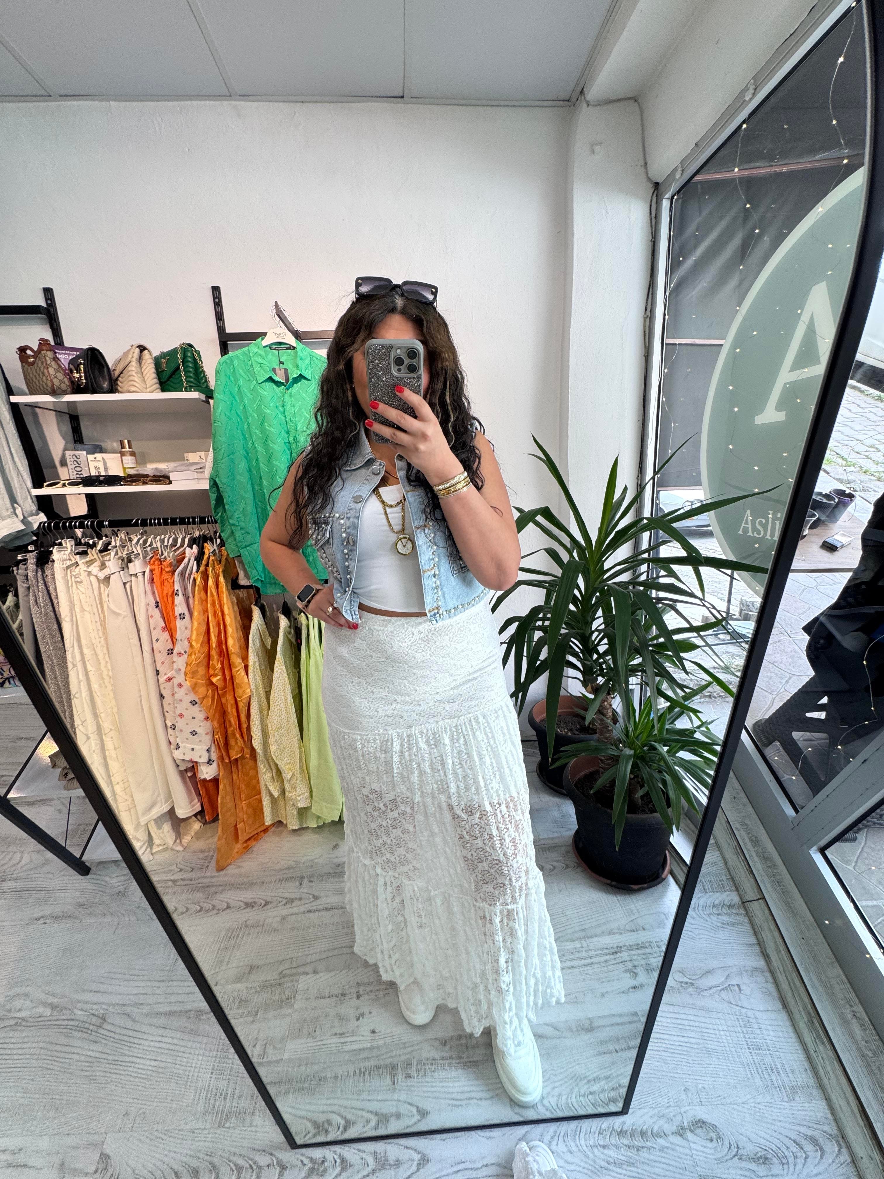 Likralı Astarlı Maxi Boy Dantel Beyaz Etek