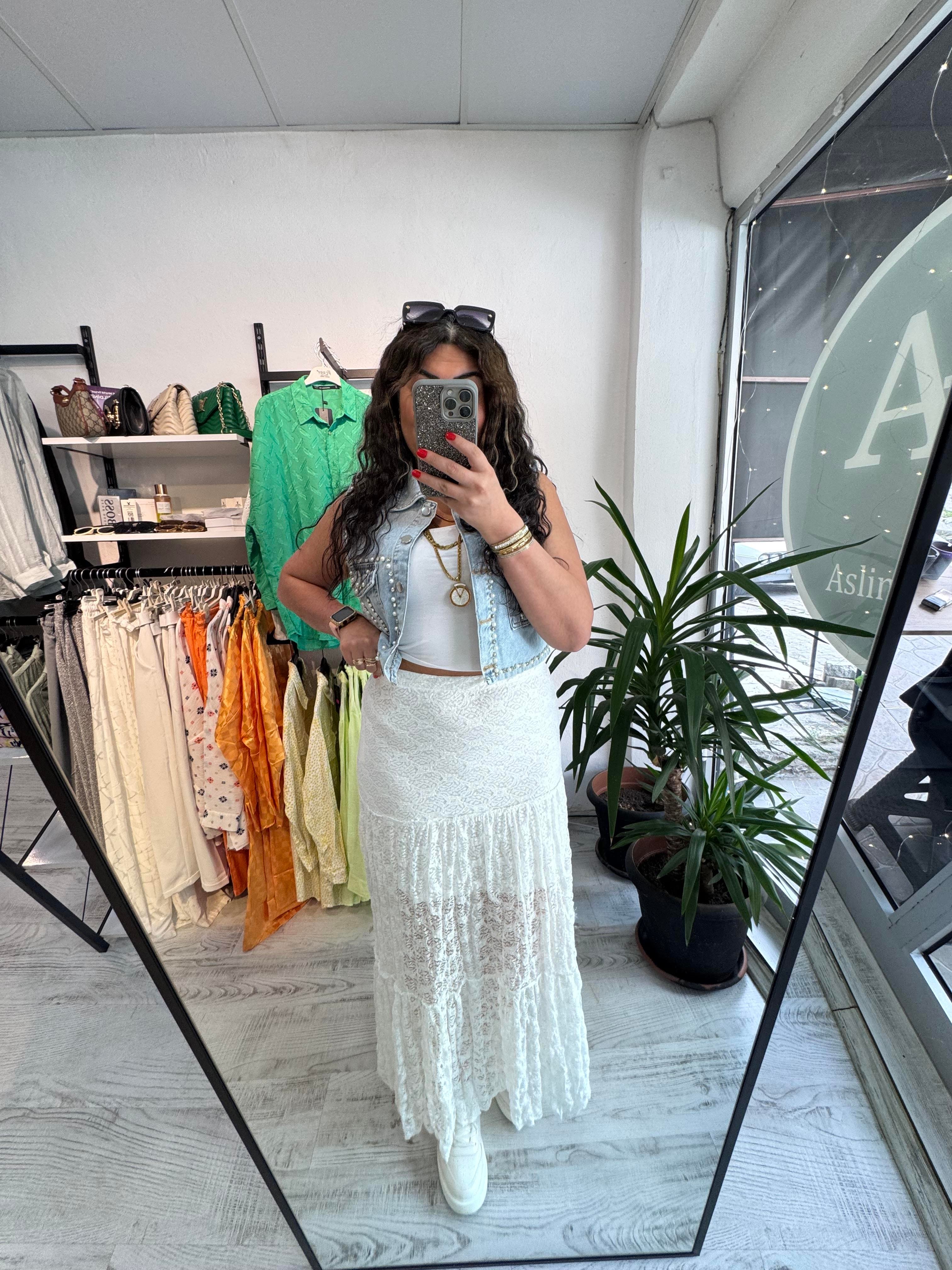 Likralı Astarlı Maxi Boy Dantel Beyaz Etek