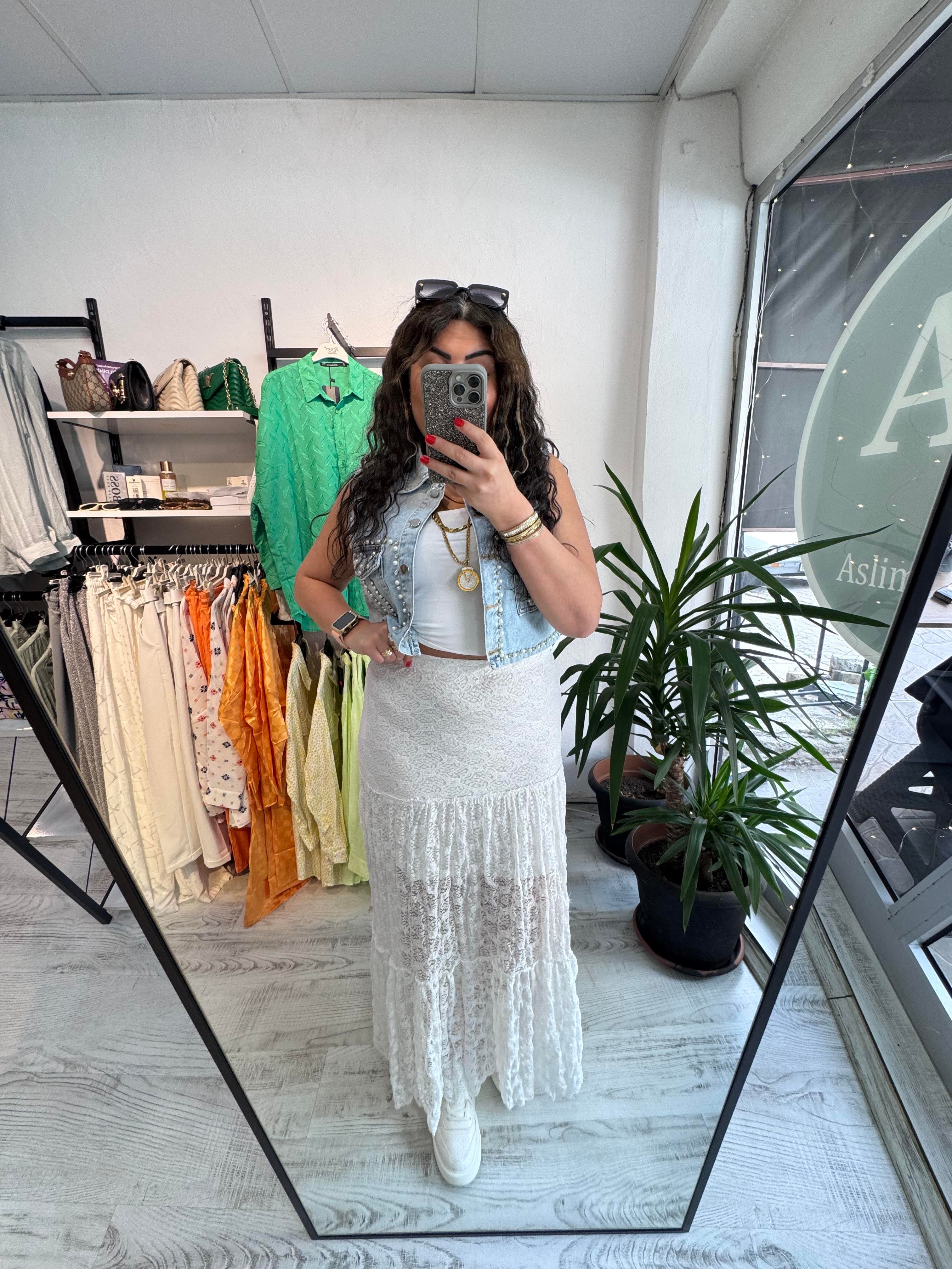 Likralı Astarlı Maxi Boy Dantel Beyaz Etek