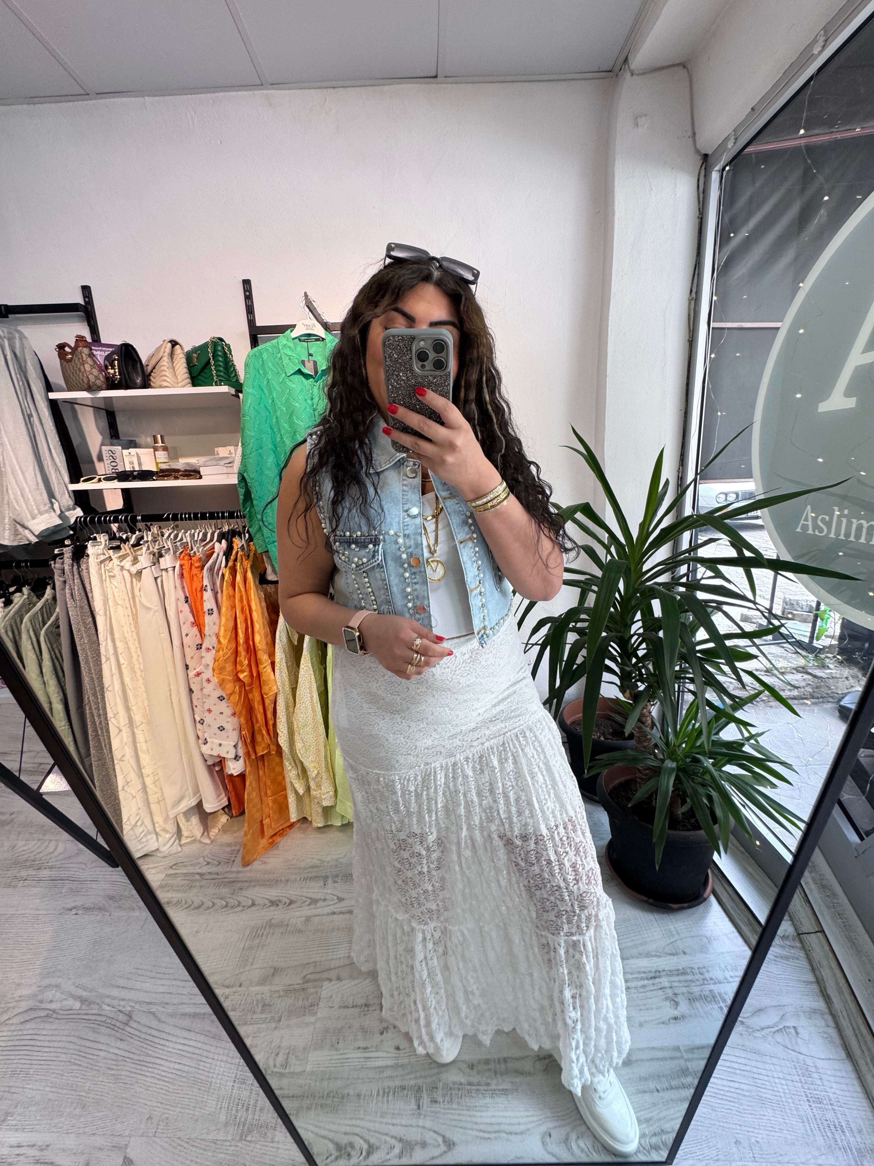 Likralı Astarlı Maxi Boy Dantel Beyaz Etek