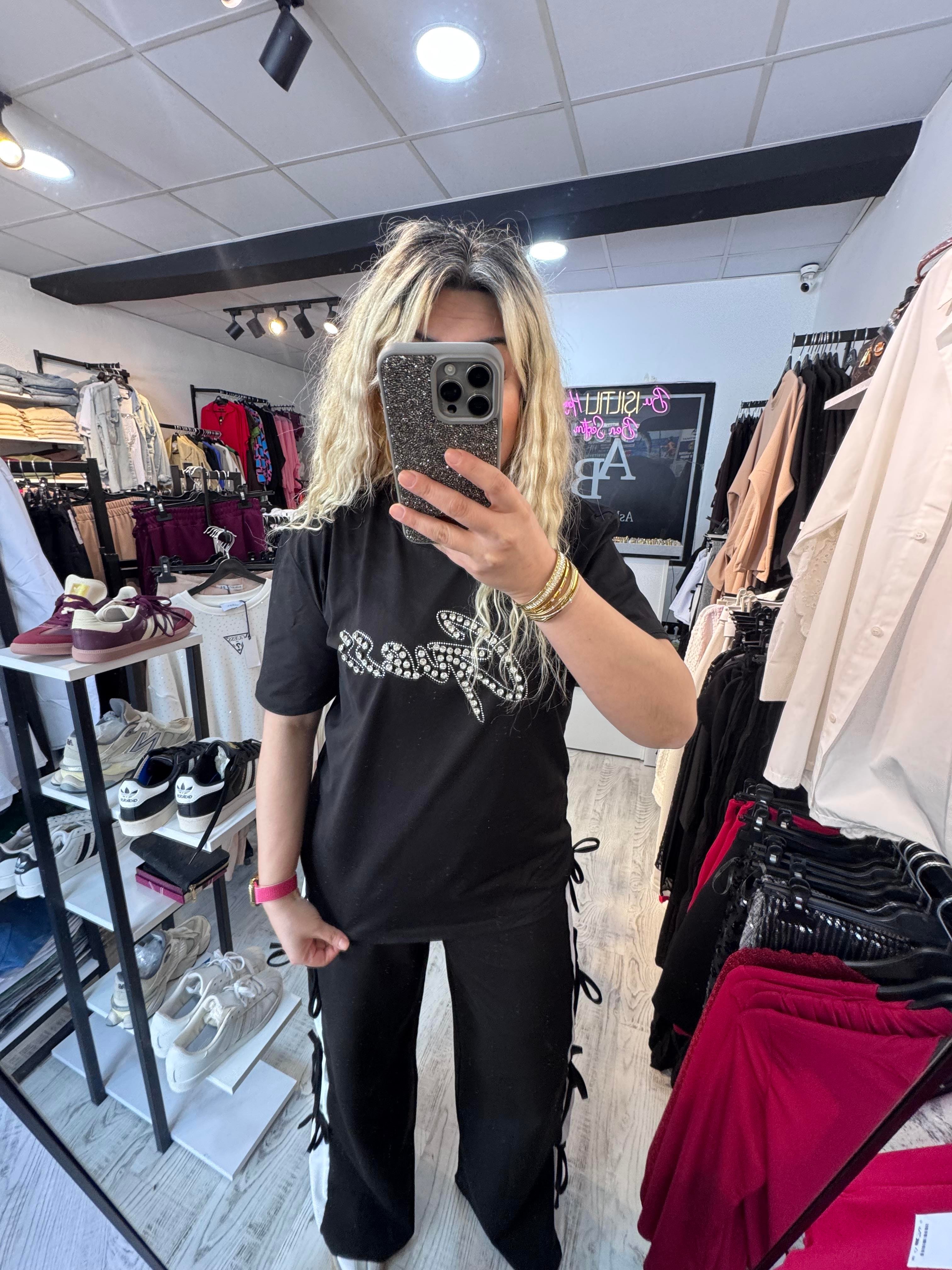 Marka Model Çakma Taşlı Tshirt Siyah