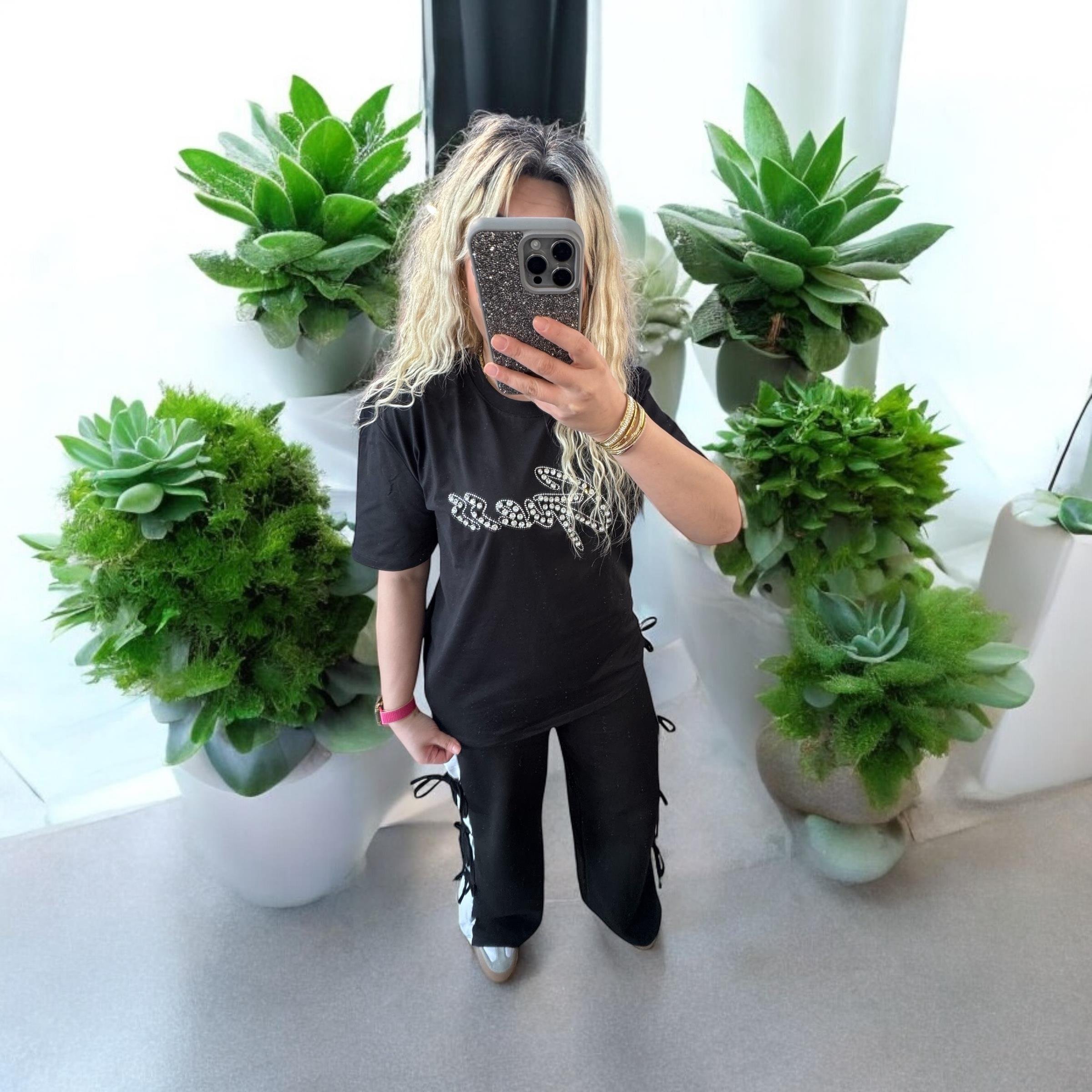 Marka Model Çakma Taşlı Tshirt Siyah