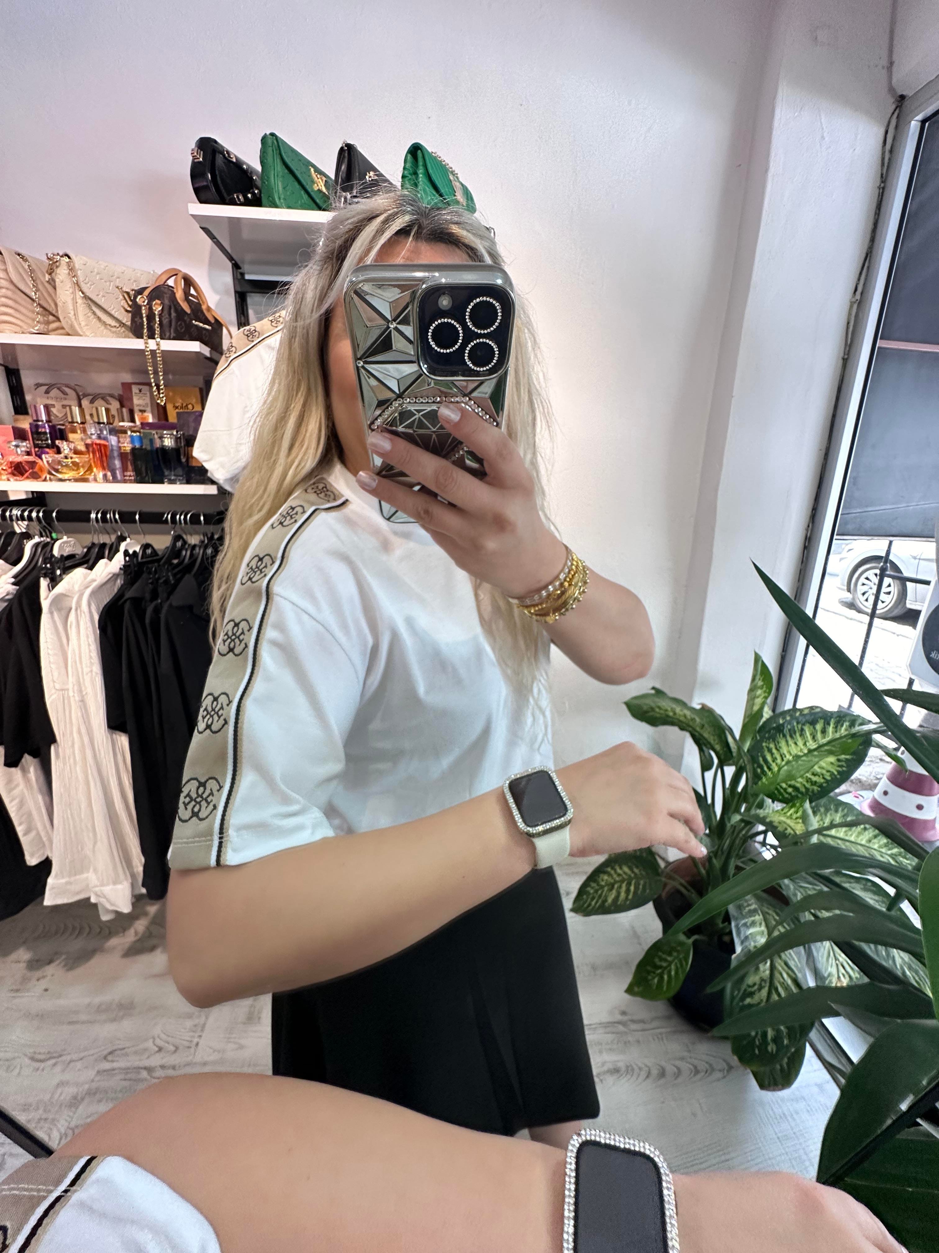 Marka Model Şeritli Beyaz Tshirt