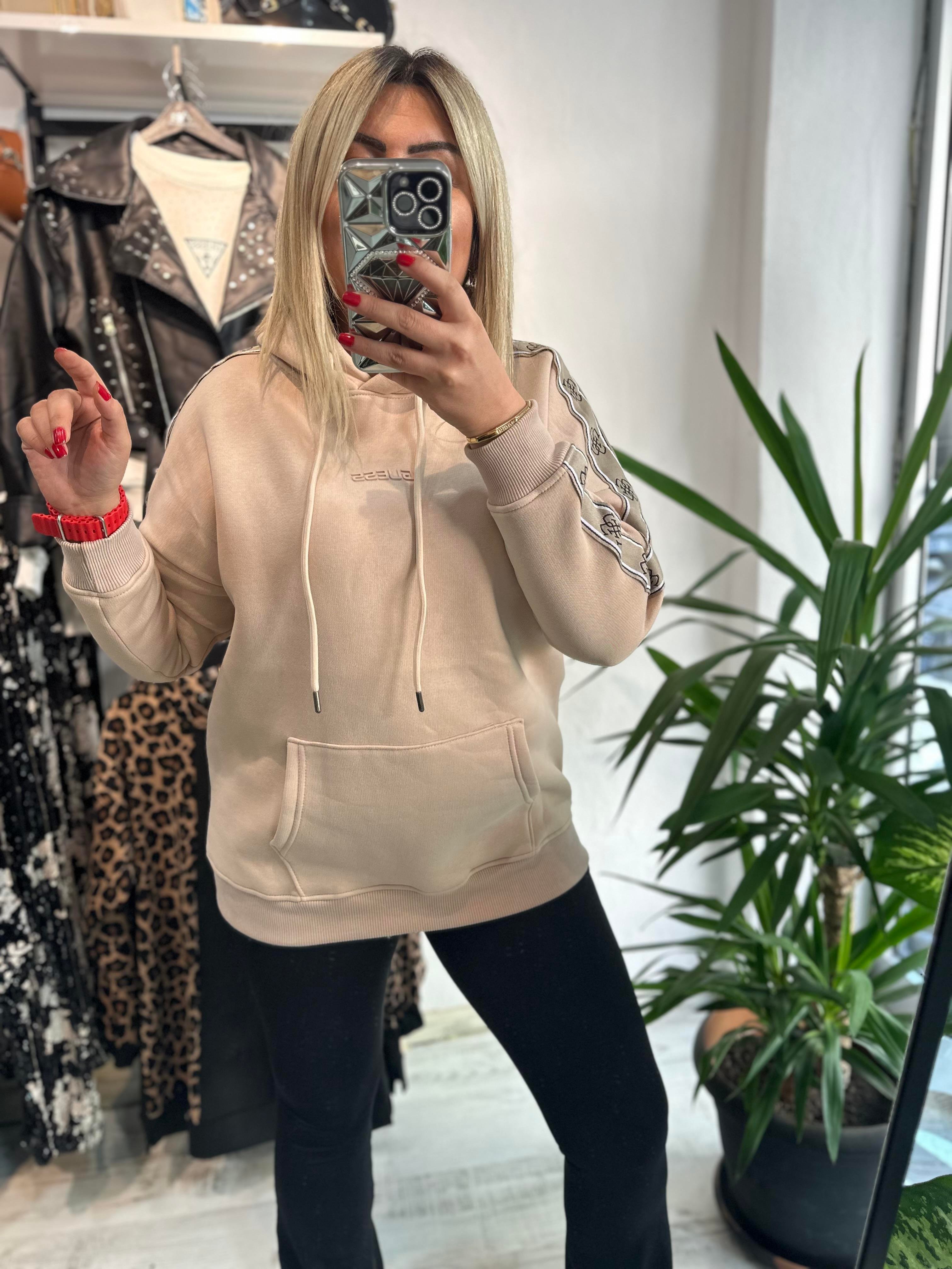 Marka Model Şeritli Kapşonlu Bej Sweat