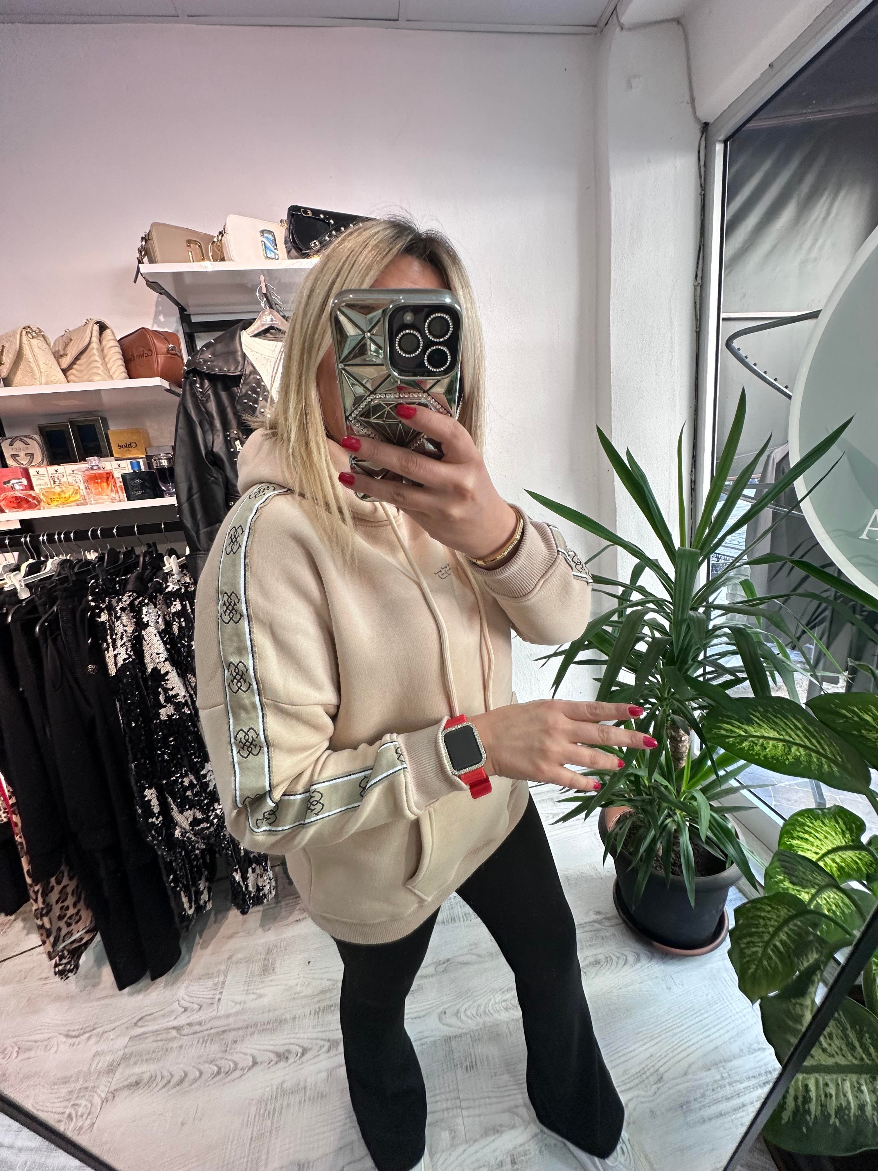 Marka Model Şeritli Kapşonlu Bej Sweat