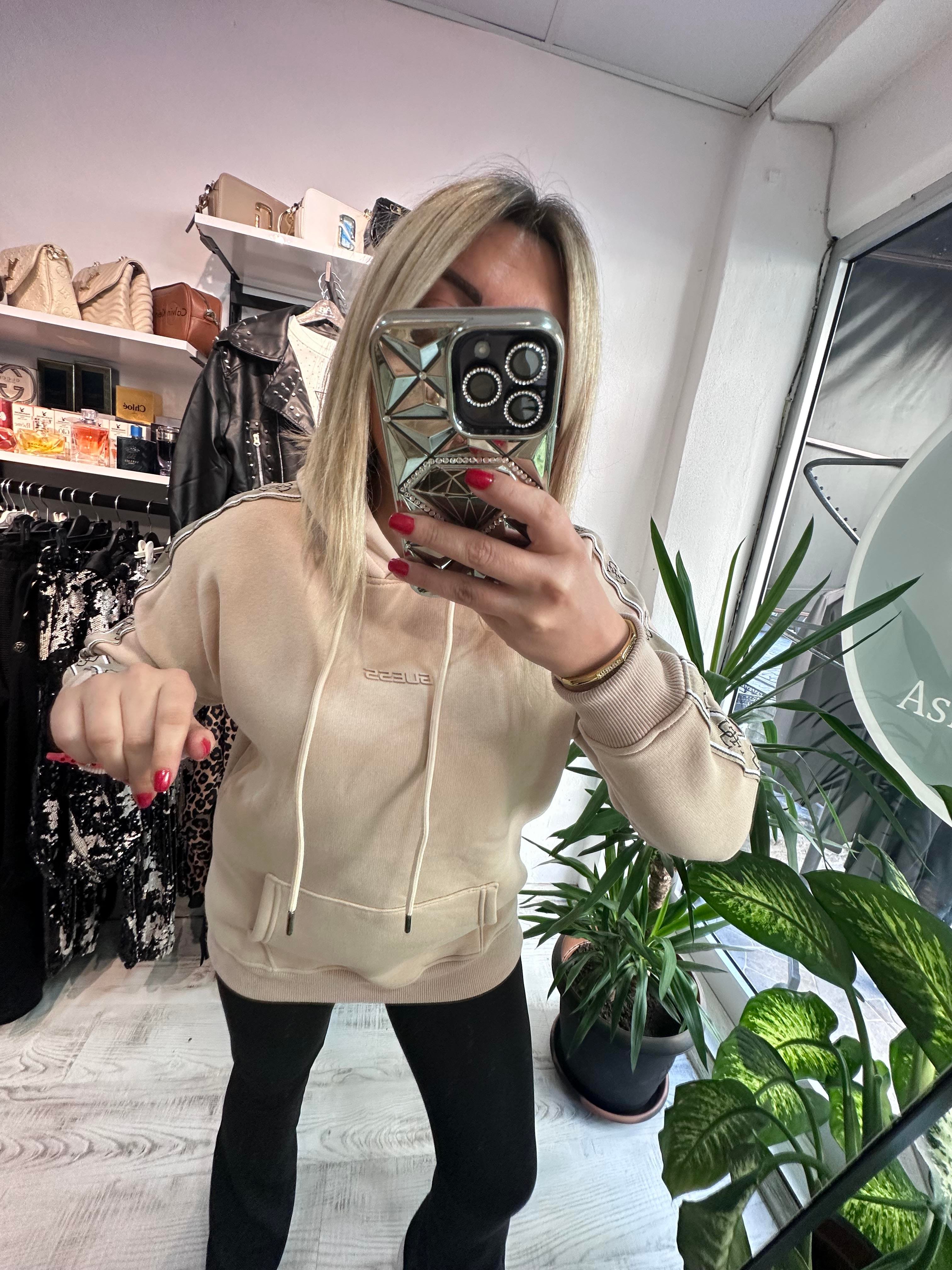 Marka Model Şeritli Kapşonlu Bej Sweat