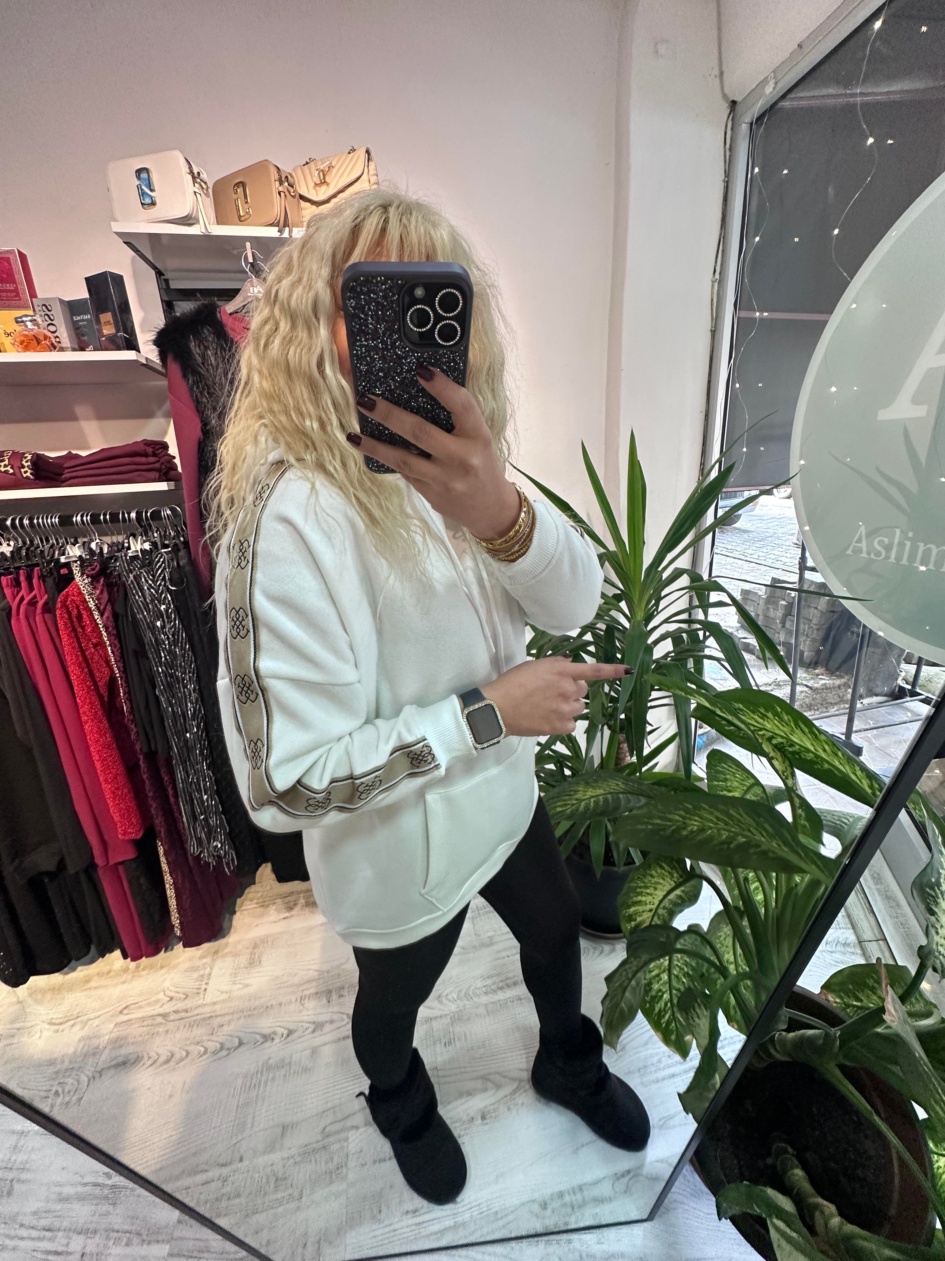 Marka Model Şeritli Kapşonlu Beyaz Sweat