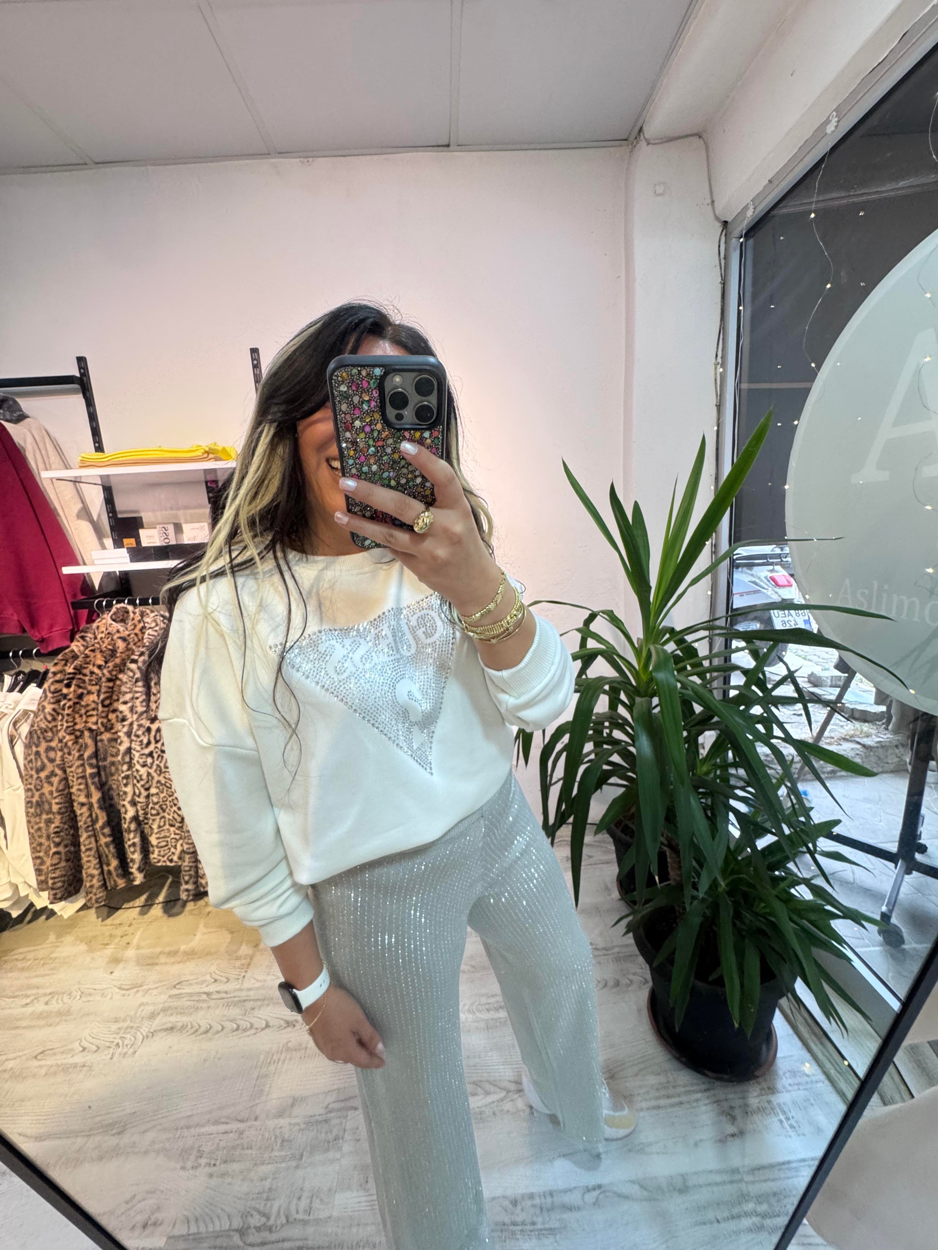 Marka Model Taşlı Beyaz Sweat