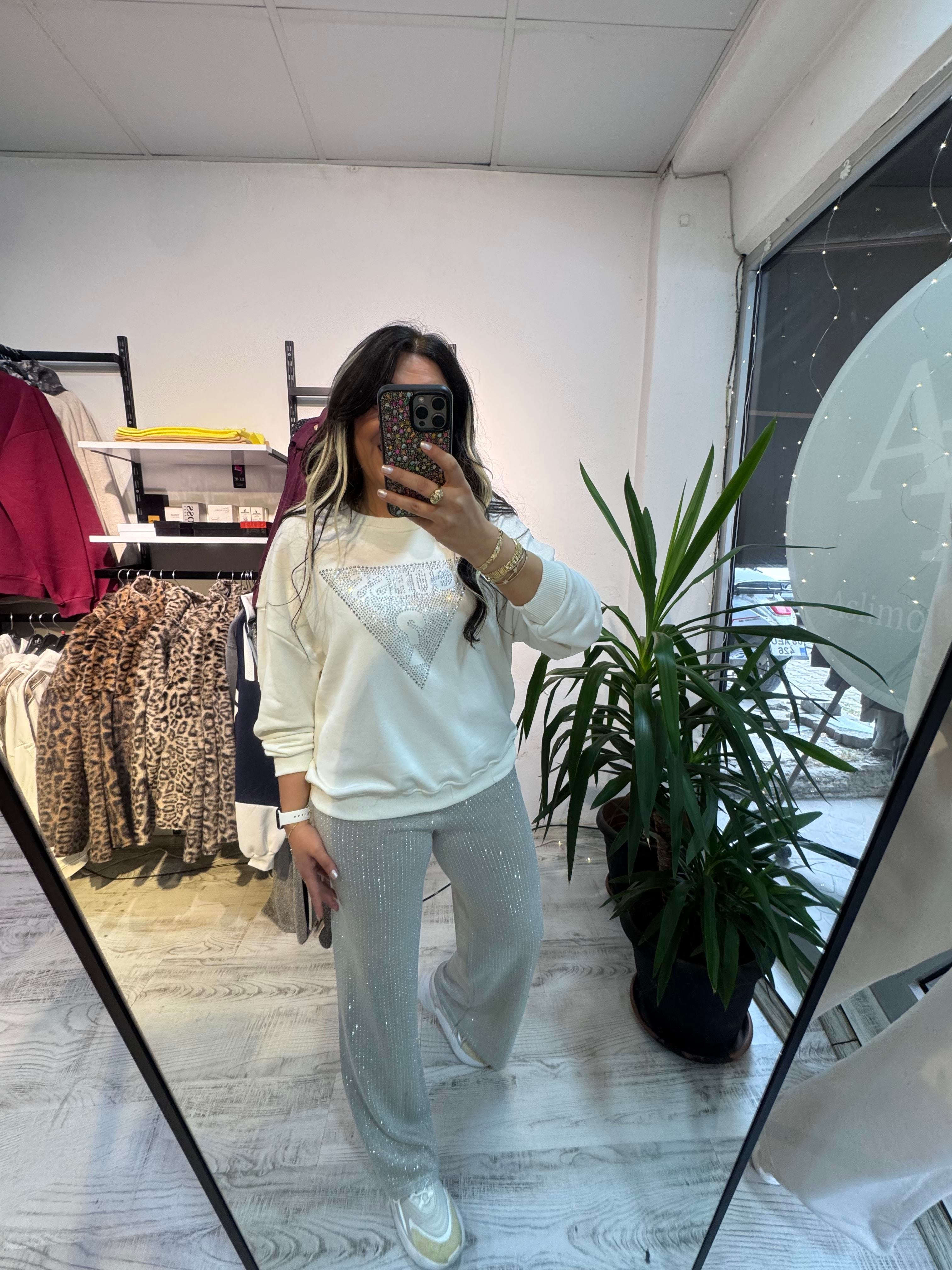 Marka Model Taşlı Beyaz Sweat