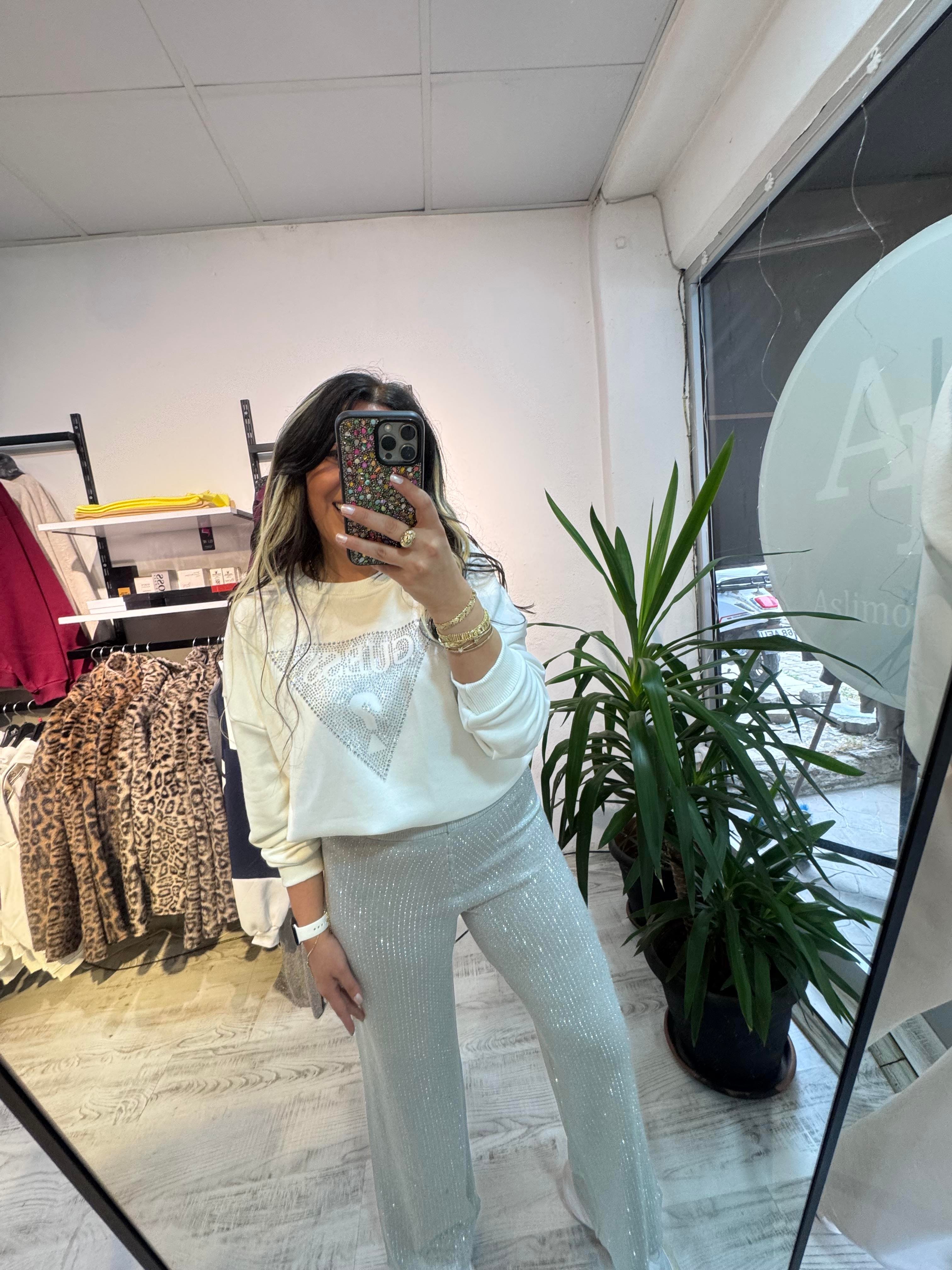 Marka Model Taşlı Beyaz Sweat