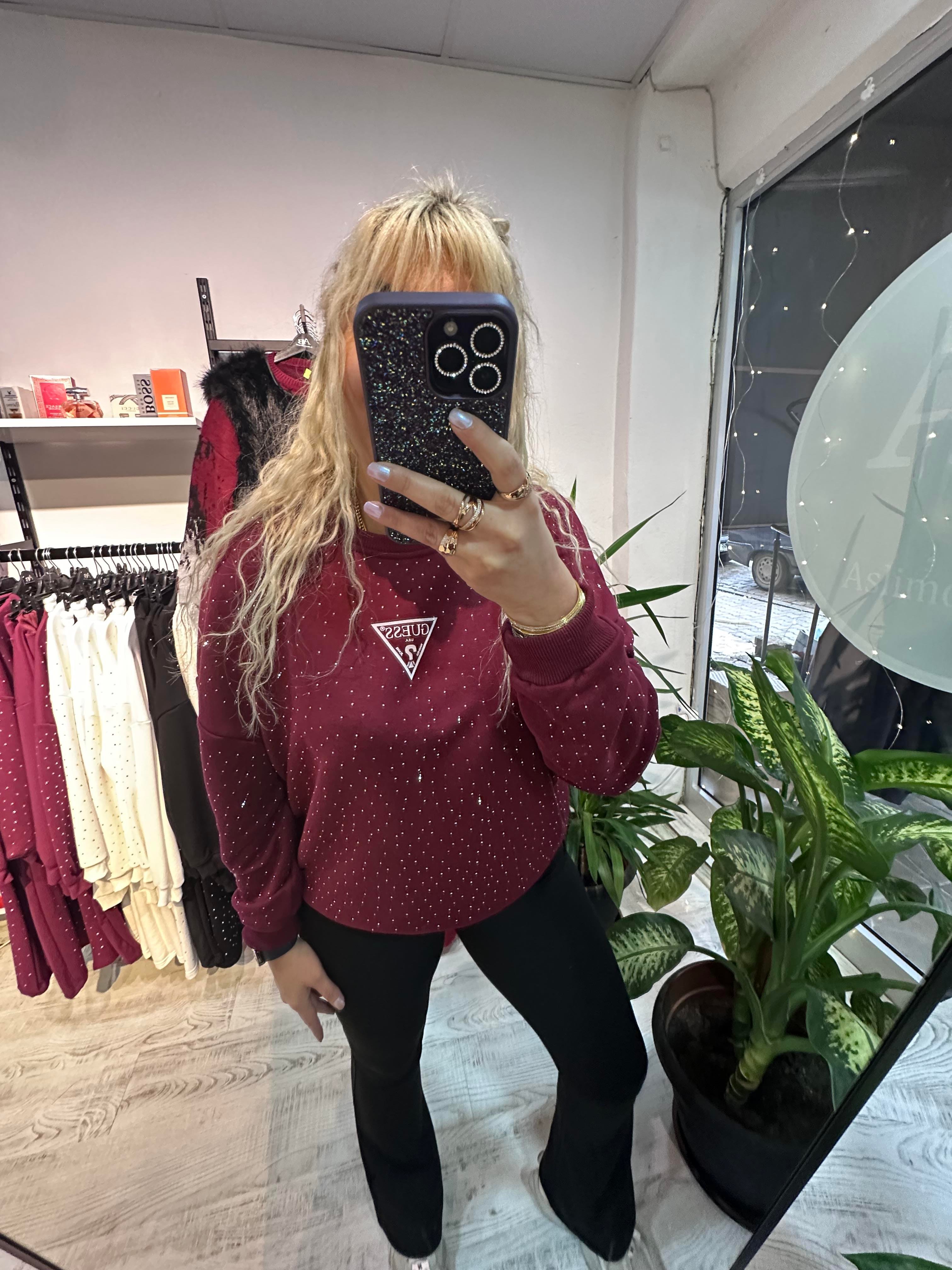 Marka Model Taşlı Bordo Sweat